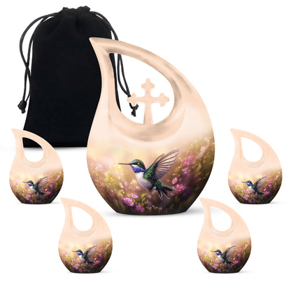 Sunrise Gold Hummingbird Cremation Urn urn with complimentary velvet bag - sacred cross merged with hummingbird motif on metal - memorial set with one large and four small urns
