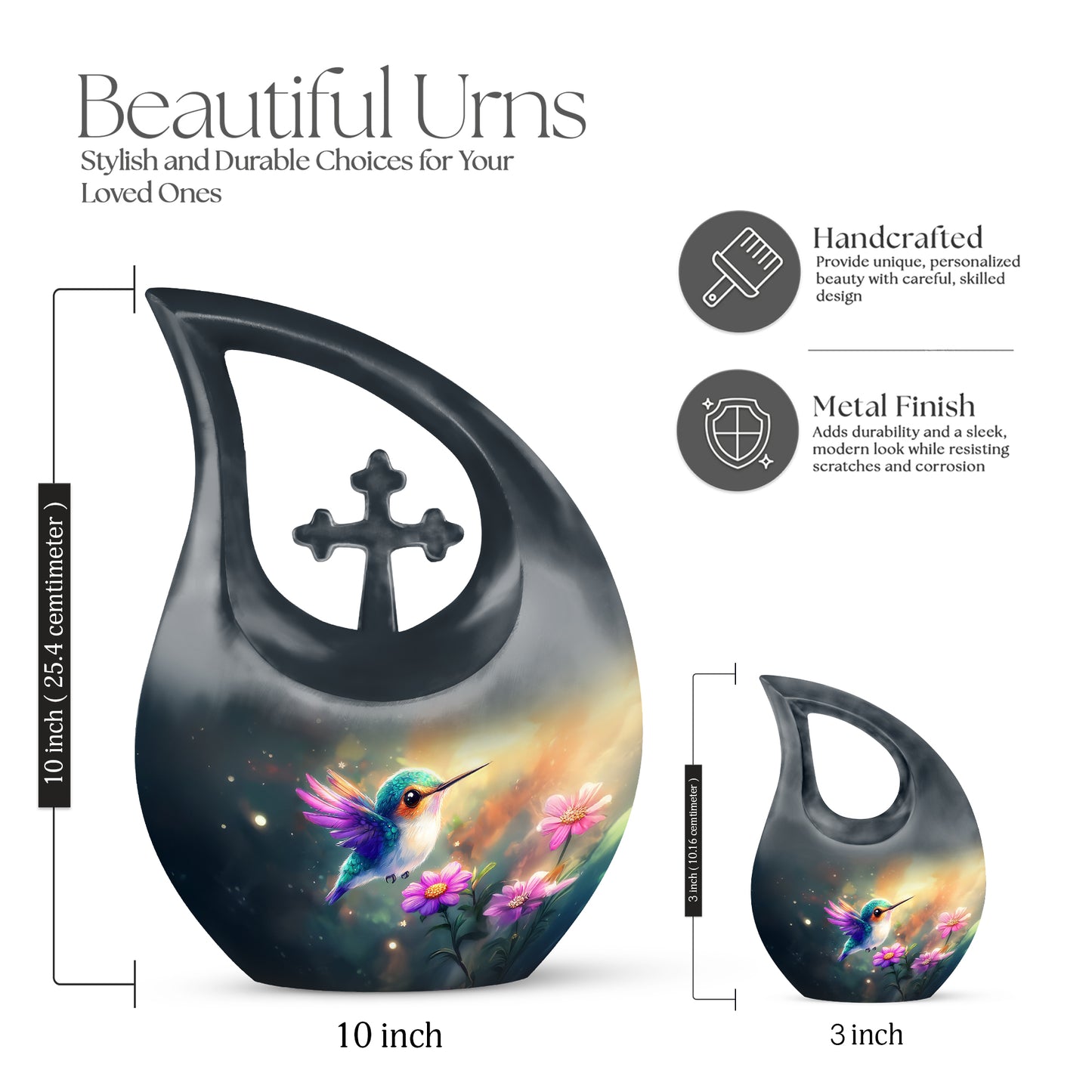Deep Teal Hummingbird Cremation Urn back view with polished surface - faith-inspired cross-drop urn with hummingbird pattern - mini keepsake memorial for portion of cremation ashes