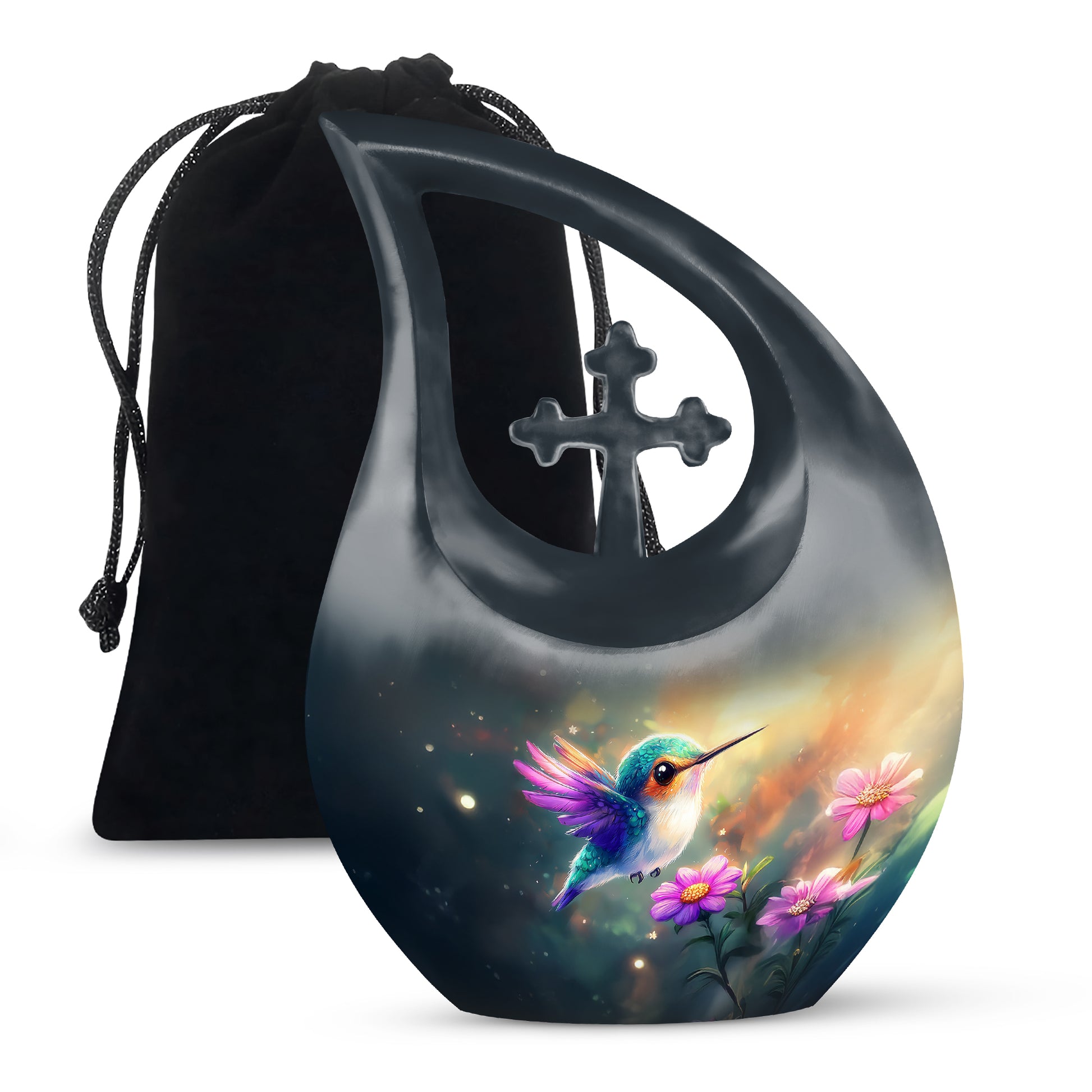 Sea Green Teal Hummingbird Cremation Urn top-down view of secure threaded lid - cross and hummingbird combined in spiritual memorial design - full-size 10 inch 200 cubic inch adult cremation urn