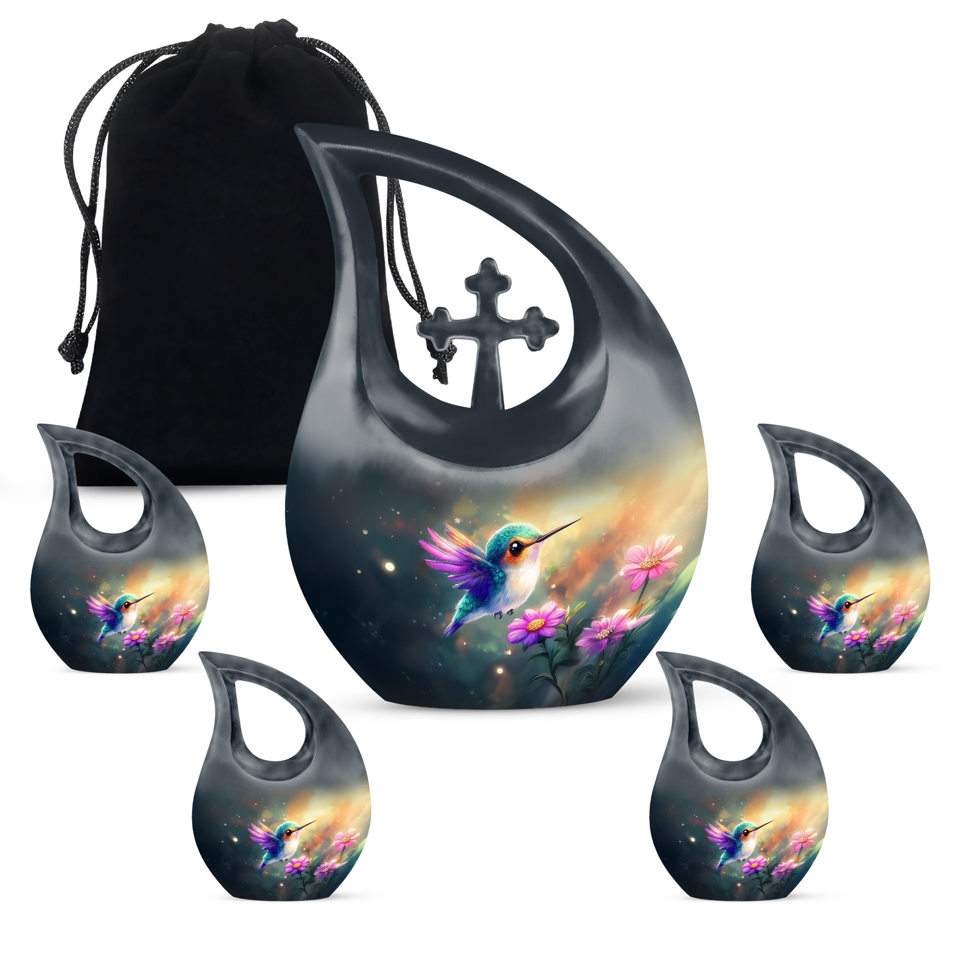 Vivid Teal Hummingbird Cremation Urn urn with complimentary velvet bag - devotional cross-drop hummingbird engraving - memorial set with one large and four small urns