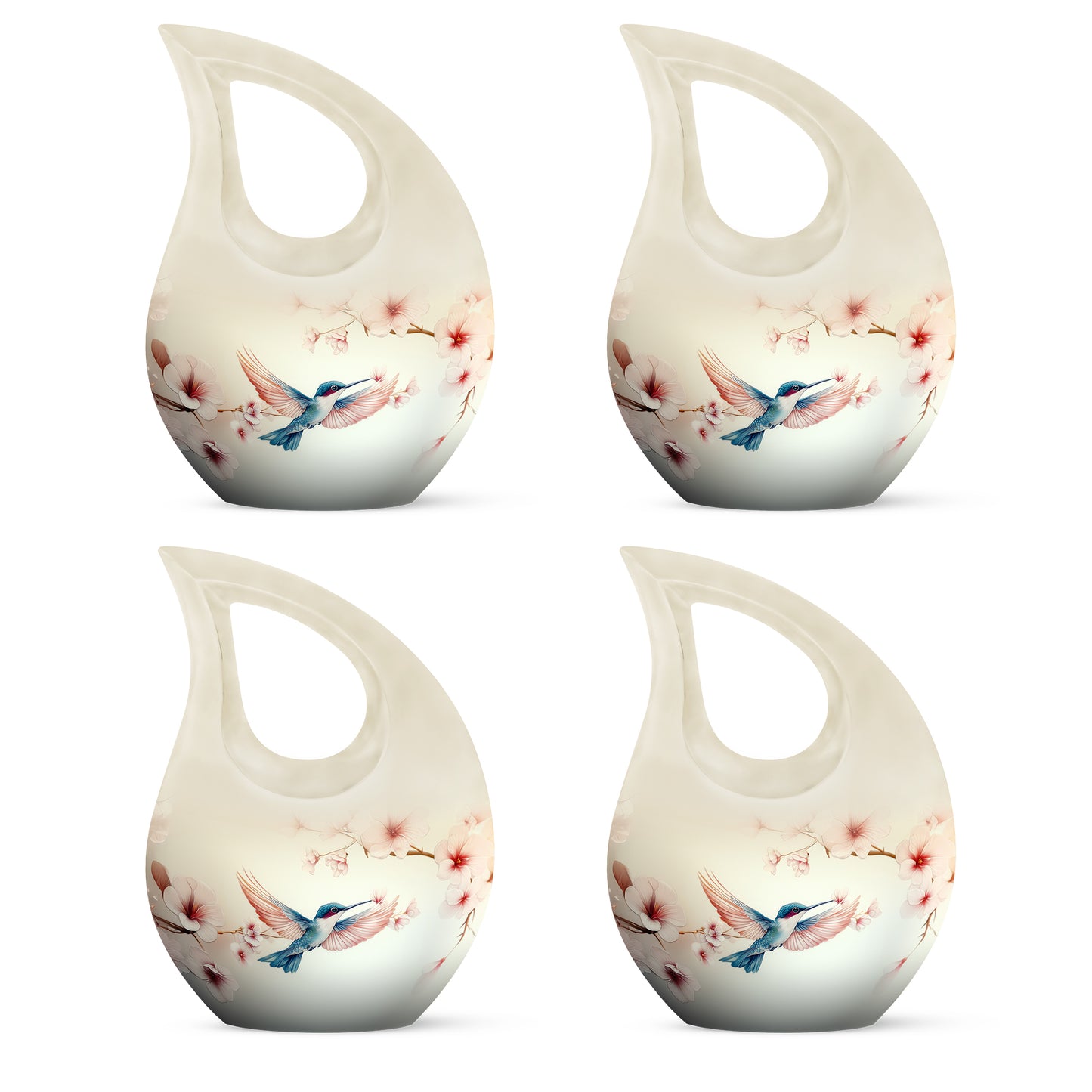 Pearl White Hummingbird Cremation Urn lifestyle display on memorial shelf - devotional cross-drop hummingbird engraving - 10 inch aluminum urn for cremated remains