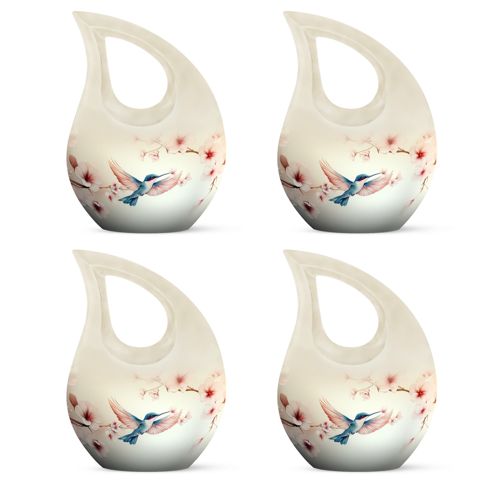 Pearl White Hummingbird Cremation Urn lifestyle display on memorial shelf - devotional cross-drop hummingbird engraving - 10 inch aluminum urn for cremated remains