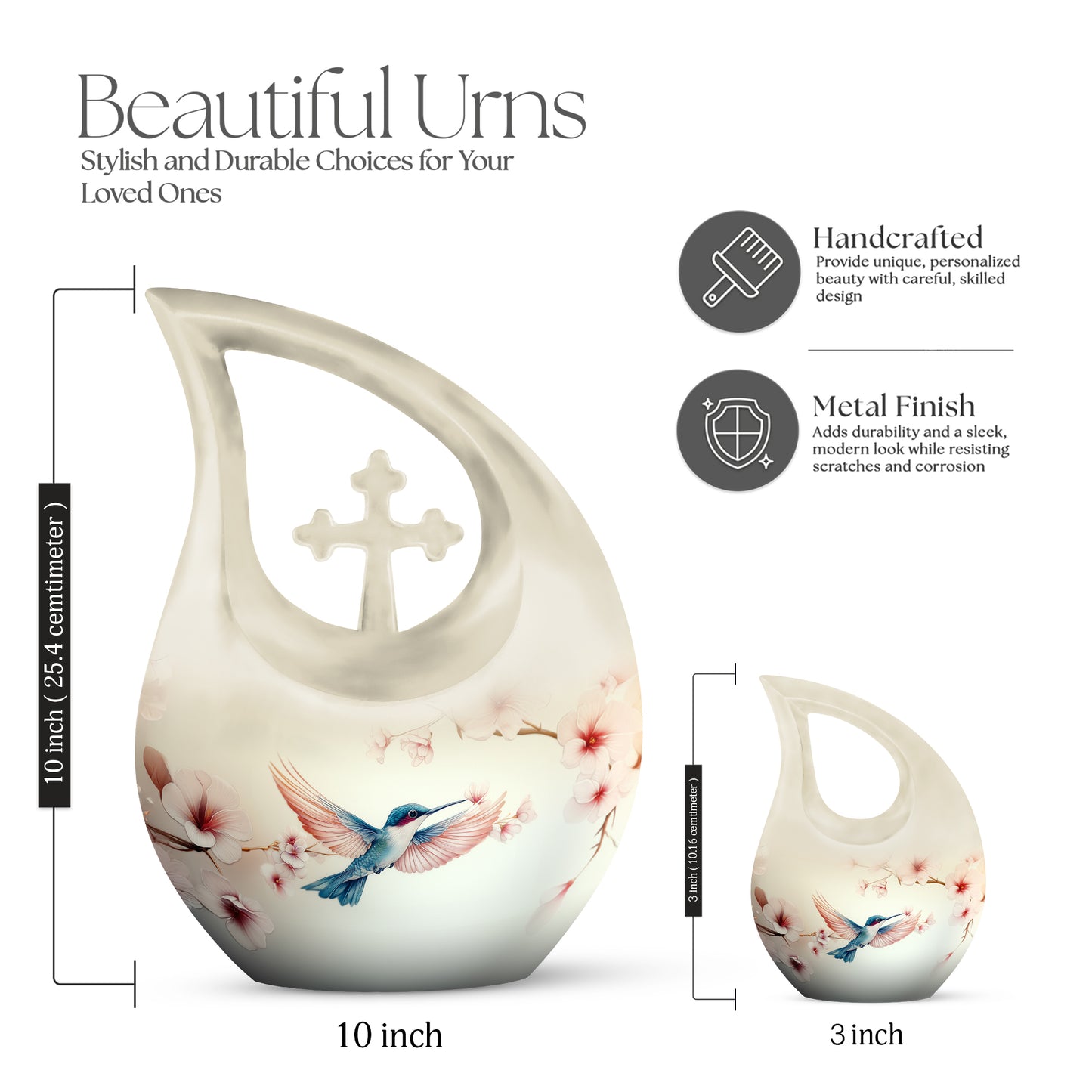Cloud White Hummingbird Cremation Urn back view with polished surface - devotional cross-drop hummingbird engraving - mini keepsake memorial for portion of cremation ashes