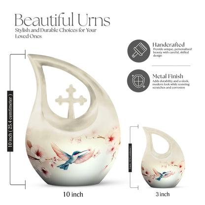 Cloud White Hummingbird Cremation Urn back view with polished surface - devotional cross-drop hummingbird engraving - mini keepsake memorial for portion of cremation ashes