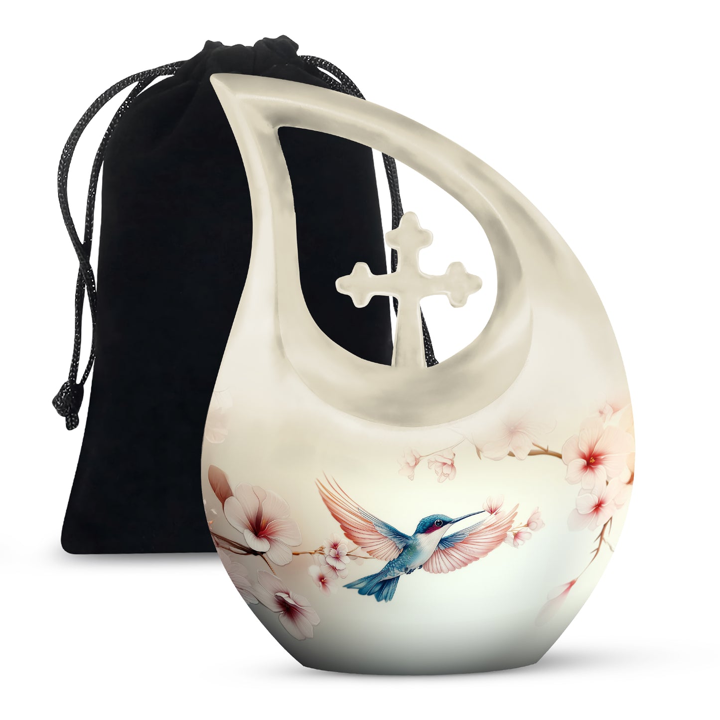 Pure White Hummingbird Cremation Urn top-down view of secure threaded lid - sacred cross merged with hummingbird motif on metal - full-size 10 inch 200 cubic inch adult cremation urn