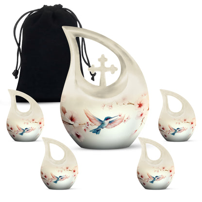 Pearl White Hummingbird Cremation Urn urn with complimentary velvet bag - devotional cross-drop hummingbird engraving - memorial set with one large and four small urns