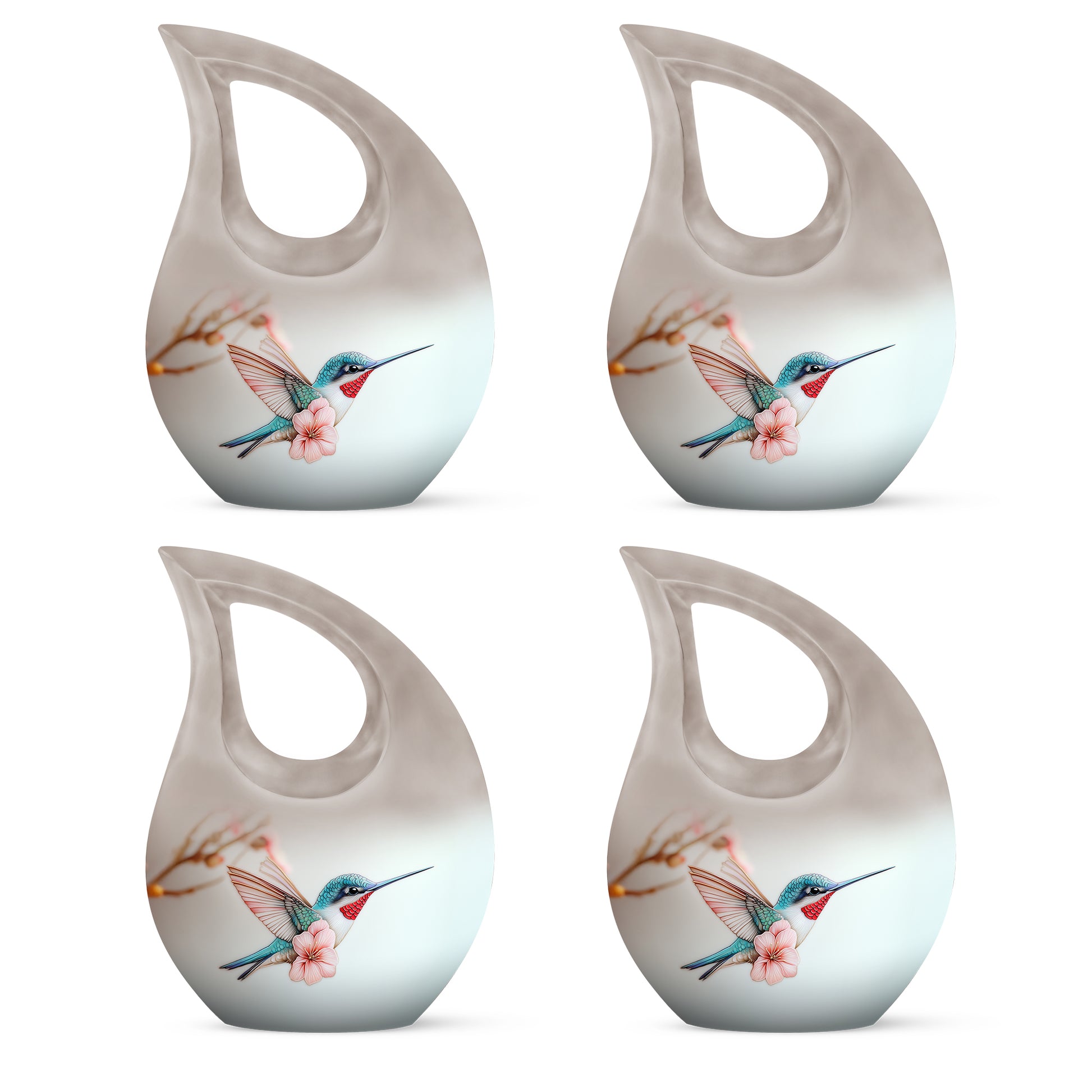 Gleaming Silver Hummingbird Cremation Urn lifestyle display on memorial shelf - sacred cross merged with hummingbird motif on metal - 10 inch aluminum urn for cremated remains