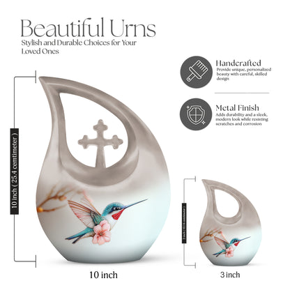 Polished Silver Hummingbird Cremation Urn back view with polished surface - faith-inspired cross-drop urn with hummingbird pattern - mini keepsake memorial for portion of cremation ashes