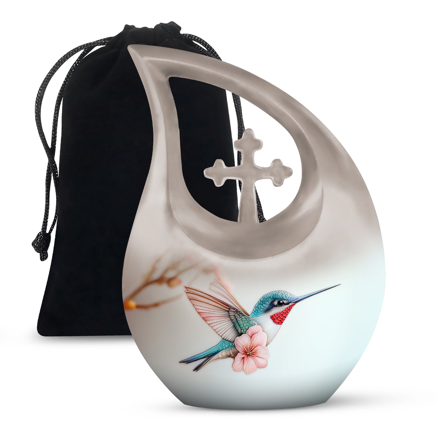 Polished Silver Hummingbird Cremation Urn top-down view of secure threaded lid - devotional cross-drop hummingbird engraving - full-size 10 inch 200 cubic inch adult cremation urn