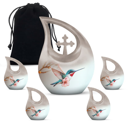 Platinum Silver Hummingbird Cremation Urn urn with complimentary velvet bag - cross and hummingbird combined in spiritual memorial design - memorial set with one large and four small urns