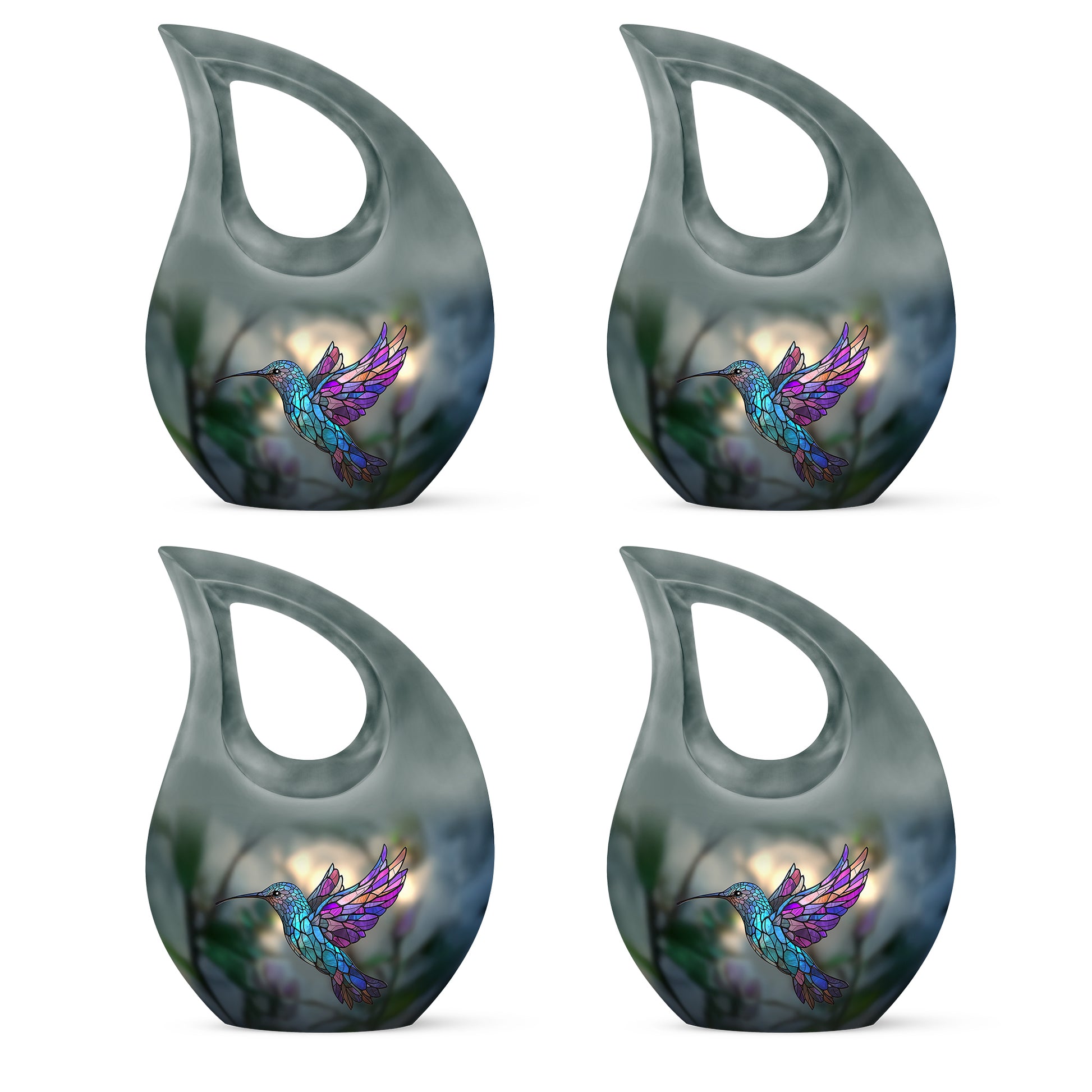 Hunter Green Hummingbird Cremation Urn lifestyle display on memorial shelf - faith-inspired cross-drop urn with hummingbird pattern - 10 inch aluminum urn for cremated remains