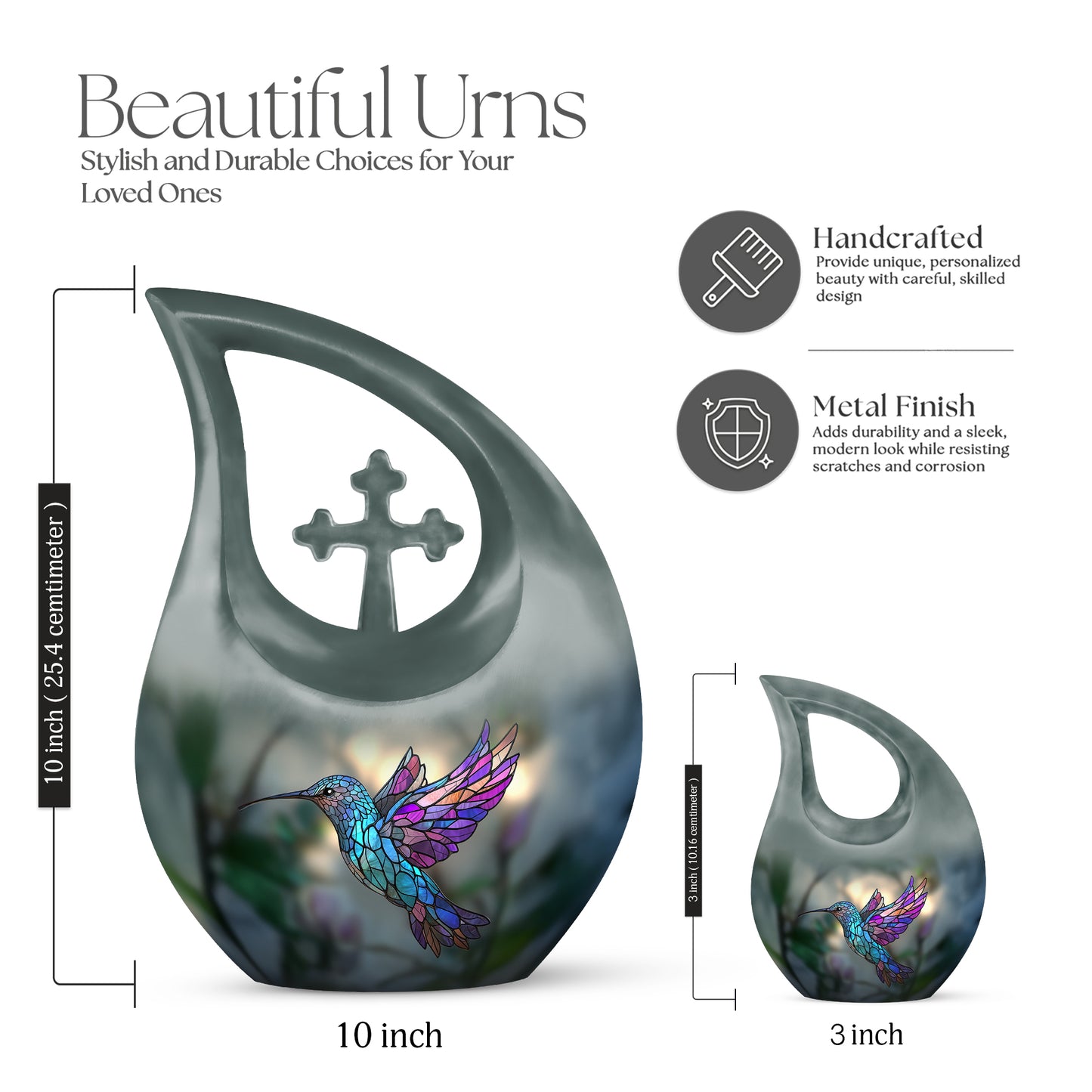 Moss Green Hummingbird Cremation Urn back view with polished surface - cross and hummingbird combined in spiritual memorial design - mini keepsake memorial for portion of cremation ashes