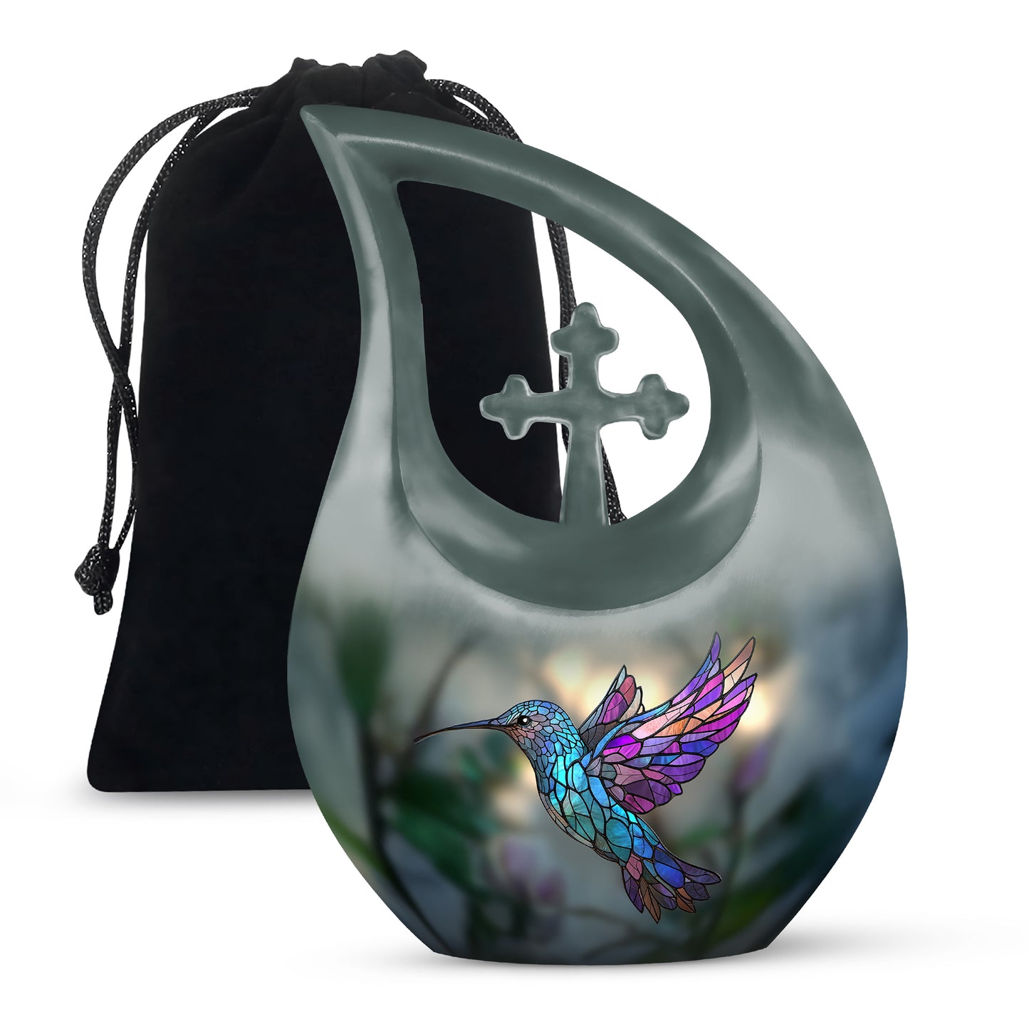 Emerald Green Hummingbird Cremation Urn top-down view of secure threaded lid - sacred cross merged with hummingbird motif on metal - full-size 10 inch 200 cubic inch adult cremation urn