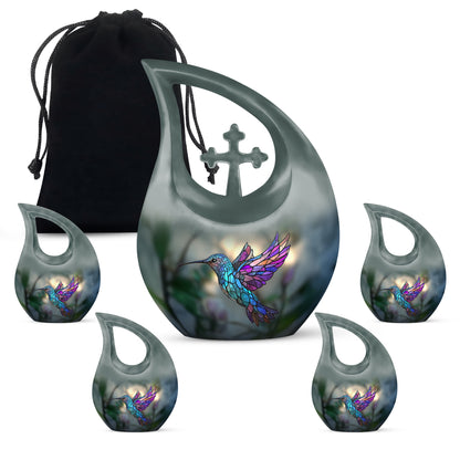 Pine Green Hummingbird Cremation Urn urn with complimentary velvet bag - devotional cross-drop hummingbird engraving - memorial set with one large and four small urns