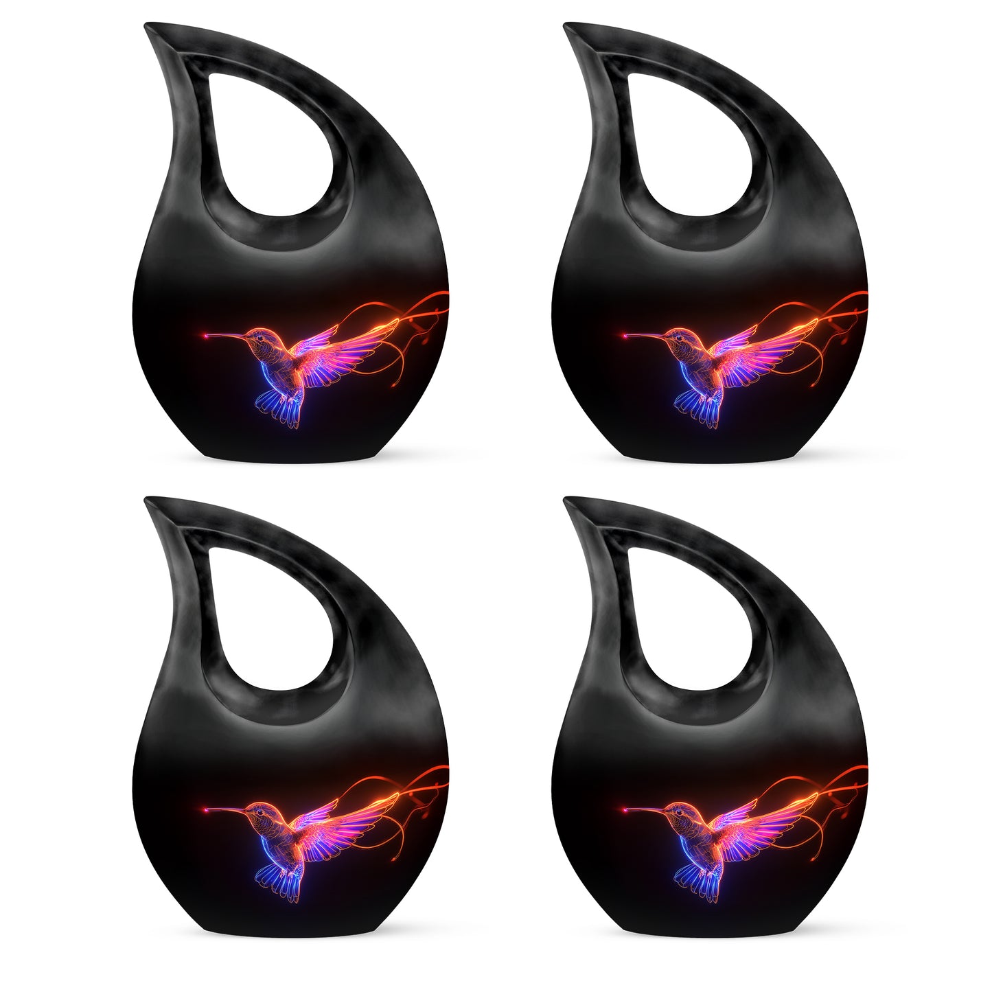 Rich Black Hummingbird Cremation Urn lifestyle display on memorial shelf - cross and hummingbird combined in spiritual memorial design - 10 inch aluminum urn for cremated remains