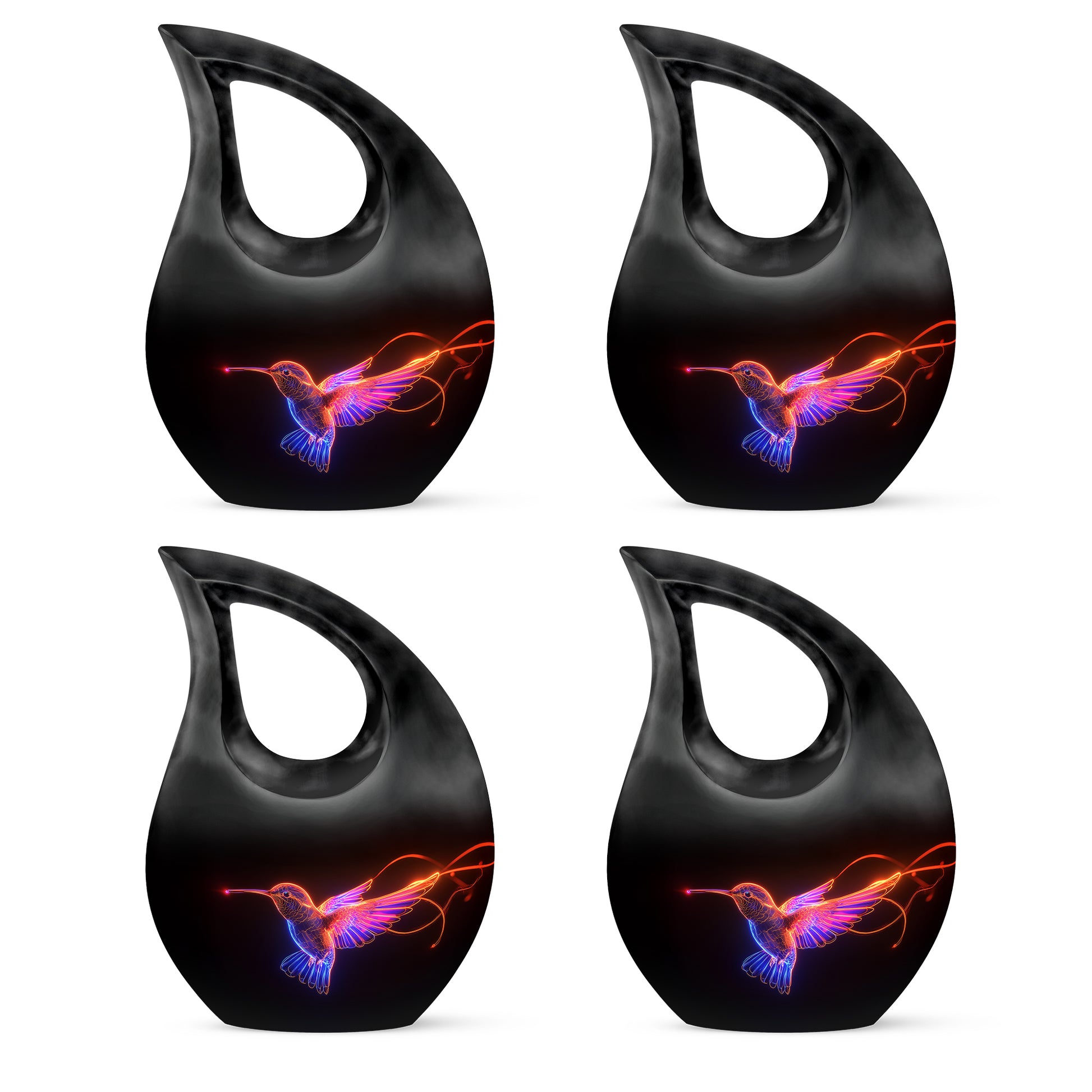 Rich Black Hummingbird Cremation Urn lifestyle display on memorial shelf - cross and hummingbird combined in spiritual memorial design - 10 inch aluminum urn for cremated remains