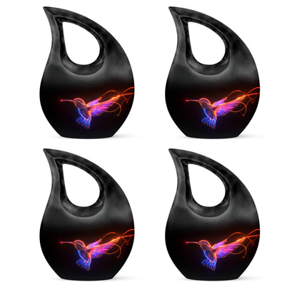 Rich Black Hummingbird Cremation Urn lifestyle display on memorial shelf - cross and hummingbird combined in spiritual memorial design - 10 inch aluminum urn for cremated remains
