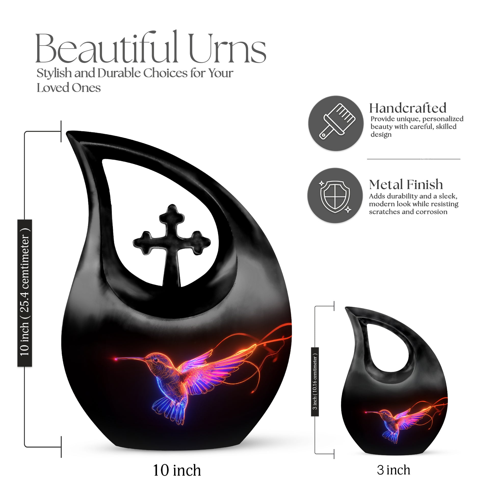 Ebony Hummingbird Cremation Urn back view with polished surface - cross and hummingbird combined in spiritual memorial design - mini keepsake memorial for portion of cremation ashes