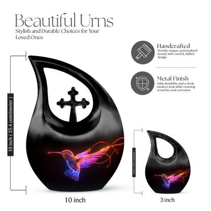 Ebony Hummingbird Cremation Urn back view with polished surface - cross and hummingbird combined in spiritual memorial design - mini keepsake memorial for portion of cremation ashes