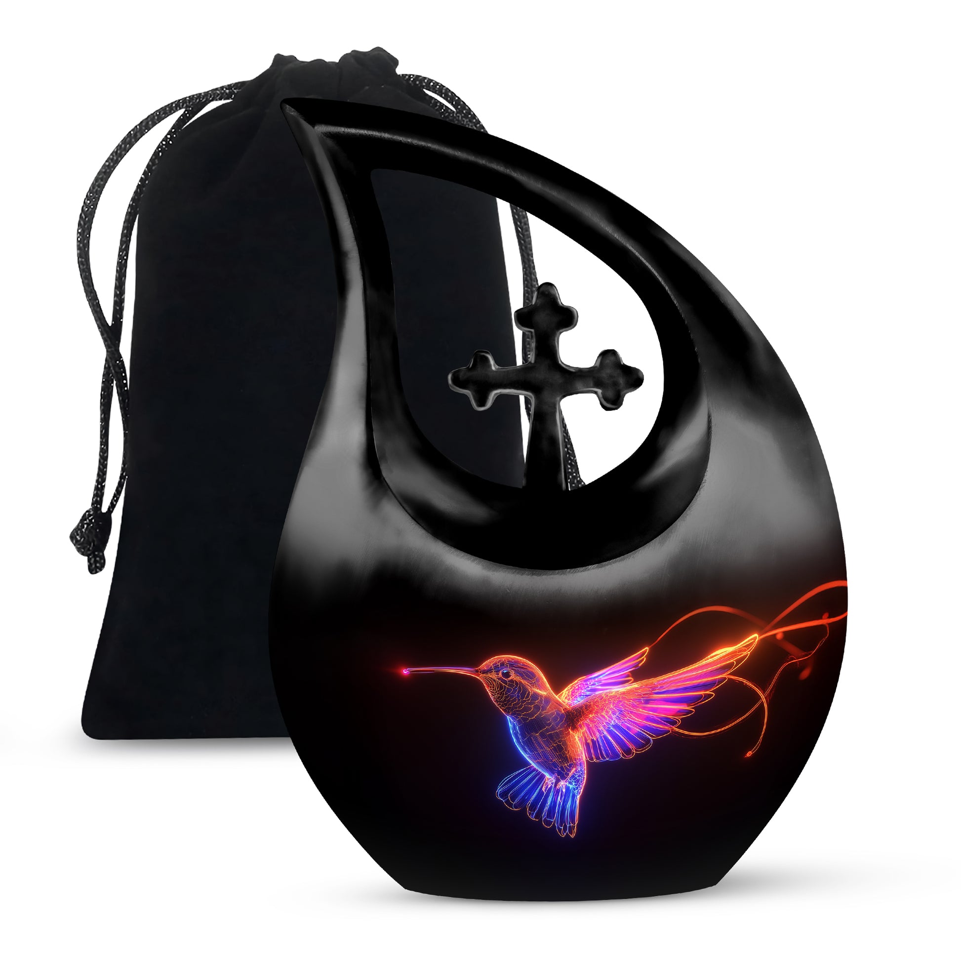 Deep Black Hummingbird Cremation Urn top-down view of secure threaded lid - cross and hummingbird combined in spiritual memorial design - full-size 10 inch 200 cubic inch adult cremation urn