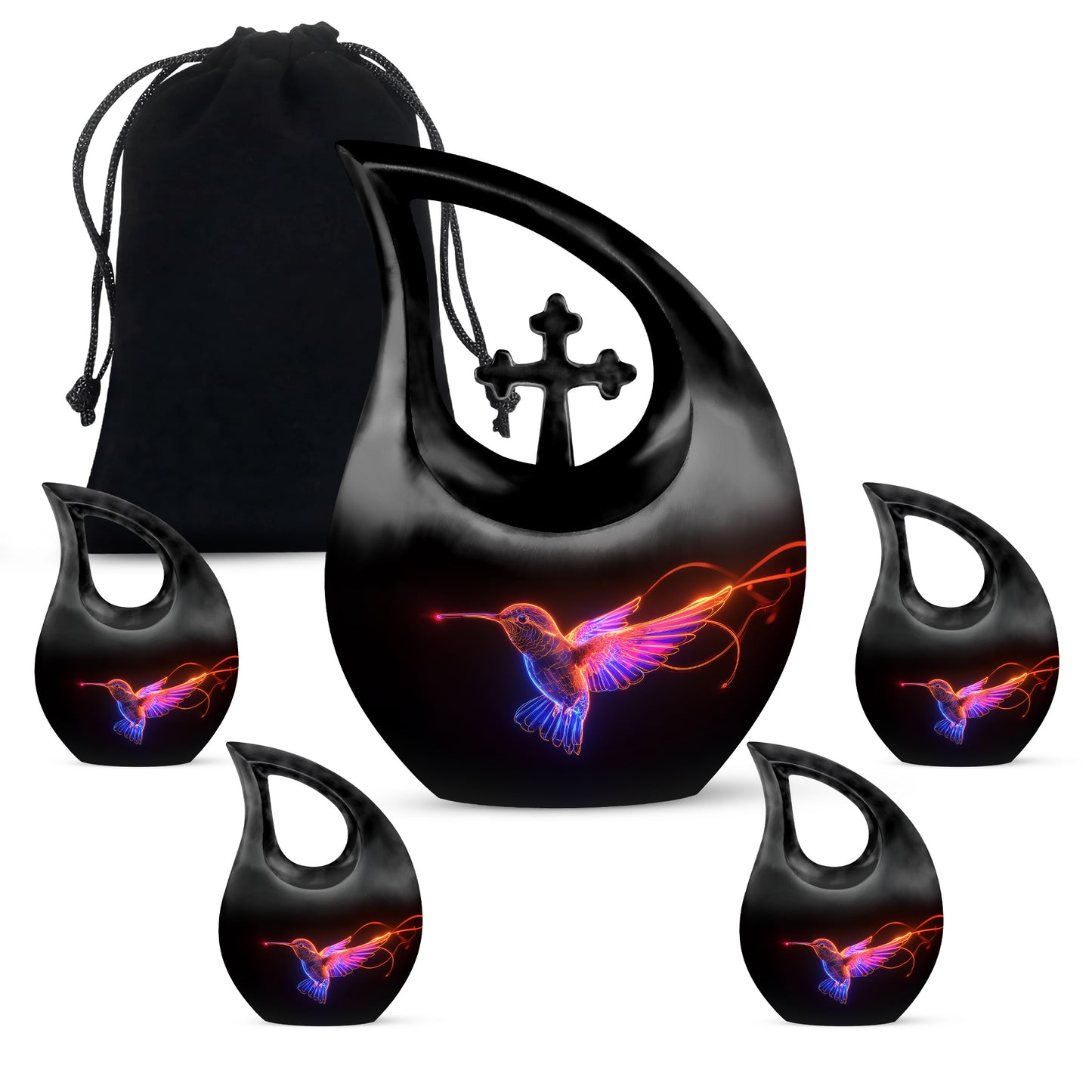Midnight Black Hummingbird Cremation Urn urn with complimentary velvet bag - faith-inspired cross-drop urn with hummingbird pattern - memorial set with one large and four small urns