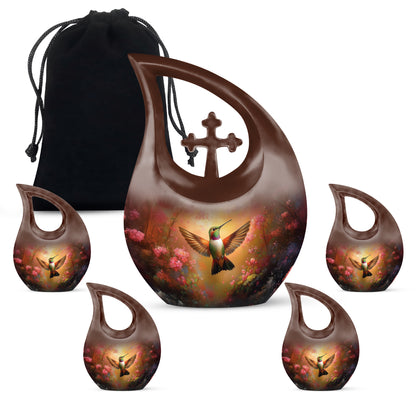 Amber Gold Hummingbird Cremation Urn urn with complimentary velvet bag - sacred cross merged with hummingbird motif on metal - memorial set with one large and four small urns