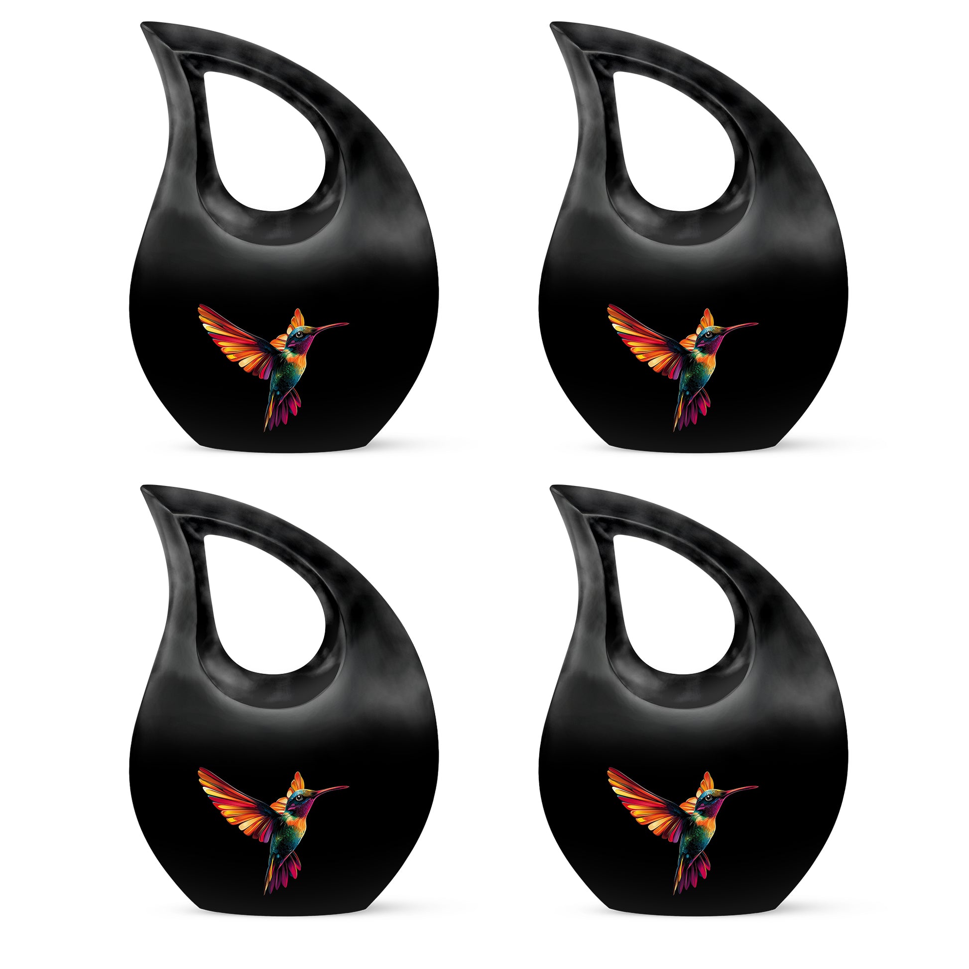 Onyx Black Hummingbird Cremation Urn lifestyle display on memorial shelf - devotional cross-drop hummingbird engraving - 10 inch aluminum urn for cremated remains