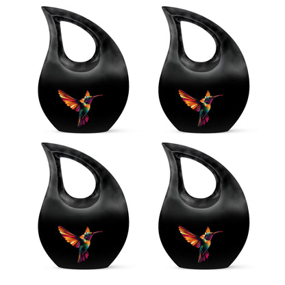Onyx Black Hummingbird Cremation Urn lifestyle display on memorial shelf - devotional cross-drop hummingbird engraving - 10 inch aluminum urn for cremated remains