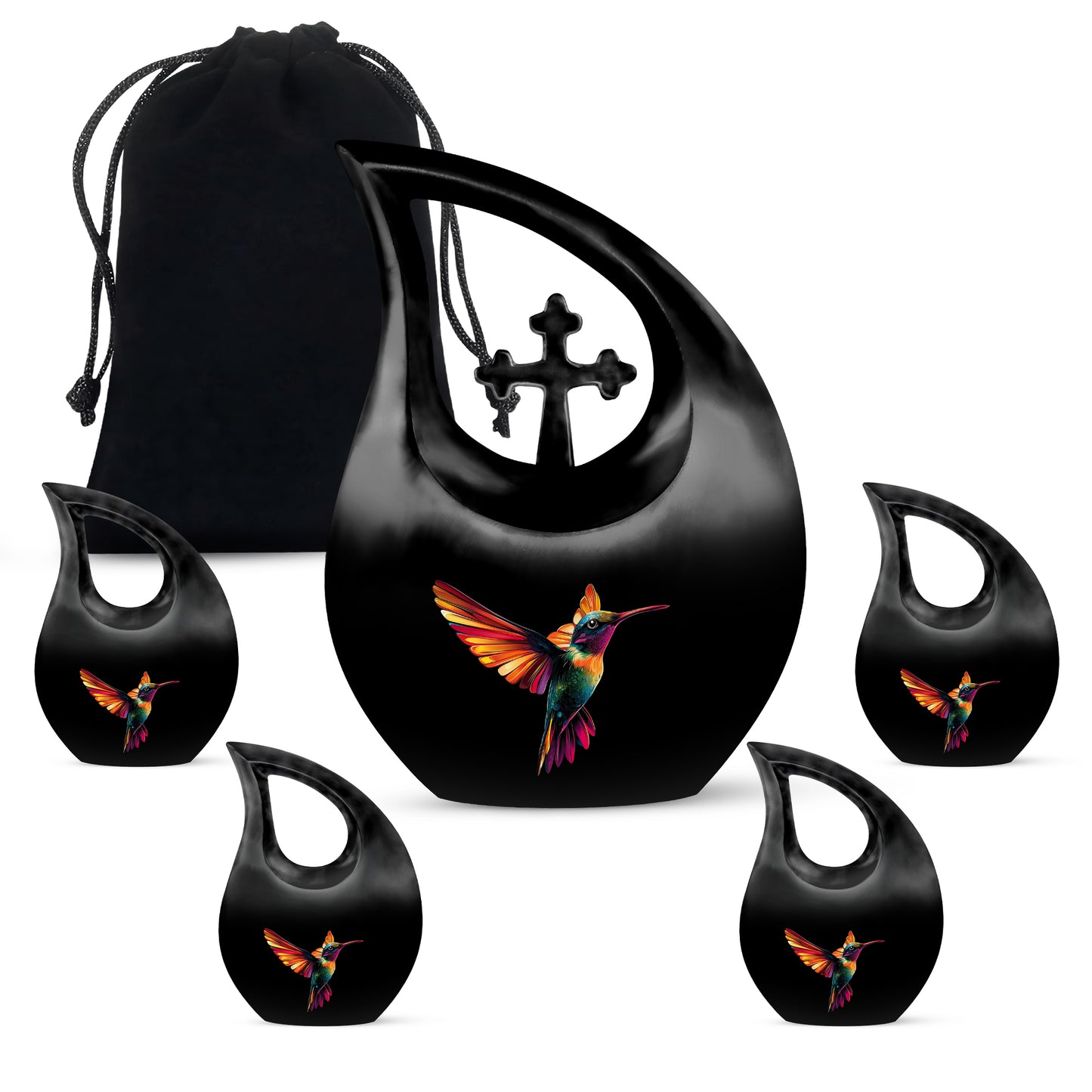 Charcoal Black Hummingbird Cremation Urn urn with complimentary velvet bag - devotional cross-drop hummingbird engraving - memorial set with one large and four small urns