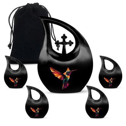 Charcoal Black Hummingbird Cremation Urn urn with complimentary velvet bag - devotional cross-drop hummingbird engraving - memorial set with one large and four small urns