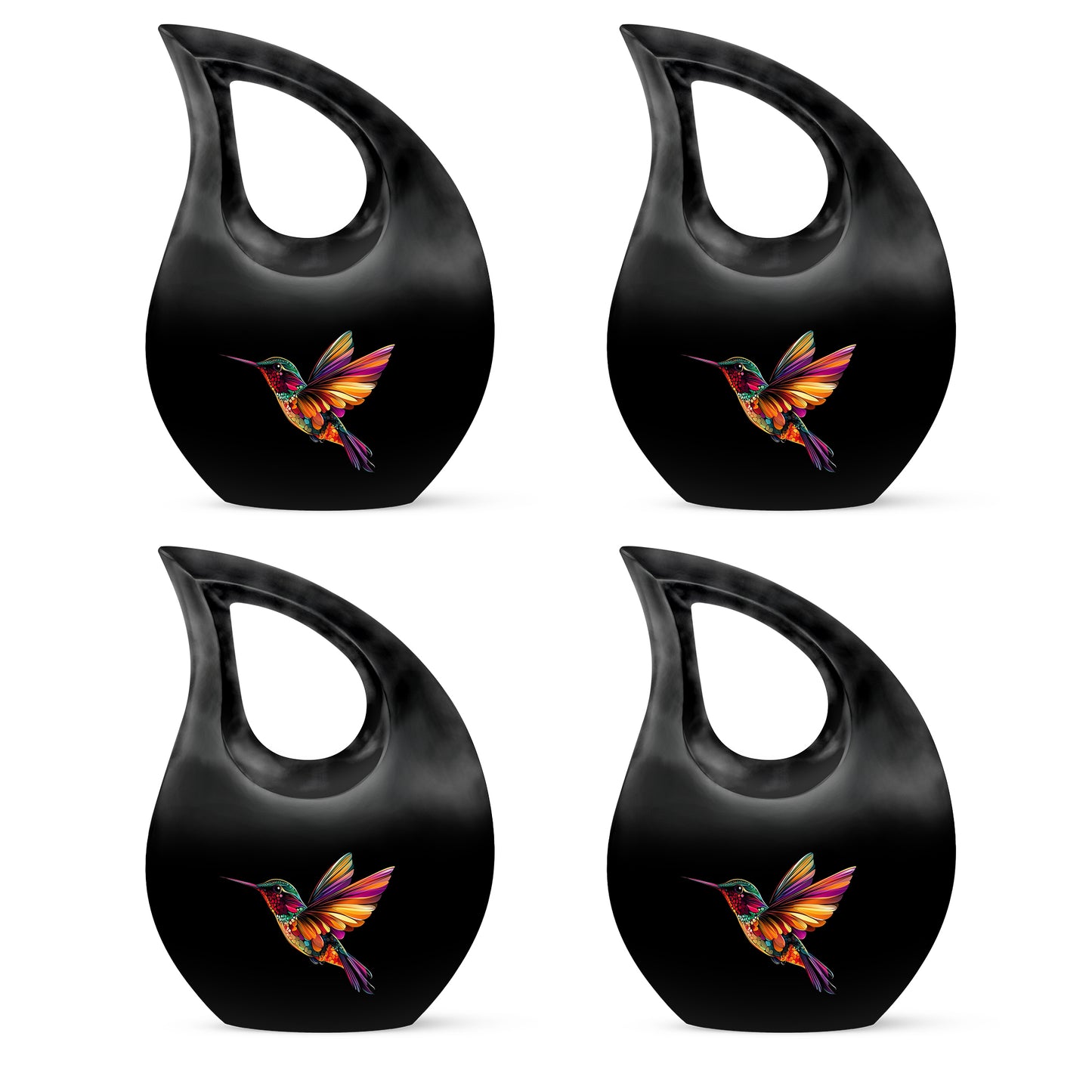 Dark Black Hummingbird Cremation Urn lifestyle display on memorial shelf - faith-inspired cross-drop urn with hummingbird pattern - 10 inch aluminum urn for cremated remains