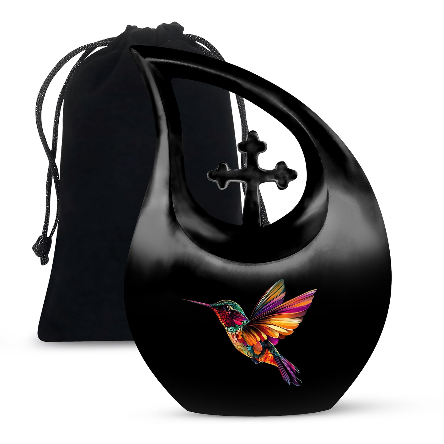 Deep Black Hummingbird Cremation Urn top-down view of secure threaded lid - cross and hummingbird combined in spiritual memorial design - full-size 10 inch 200 cubic inch adult cremation urn