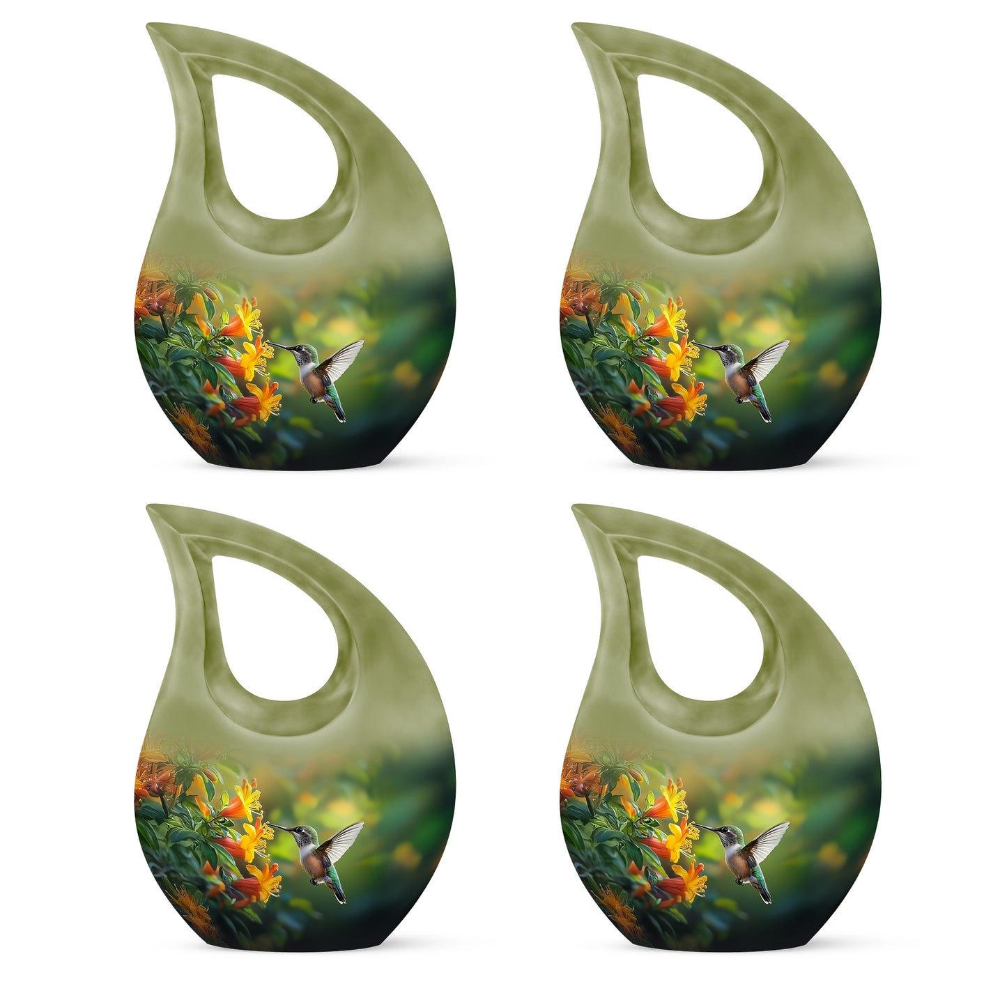 Forest Green Hummingbird Cremation Urn lifestyle display on memorial shelf - devotional cross-drop hummingbird engraving - 10 inch aluminum urn for cremated remains