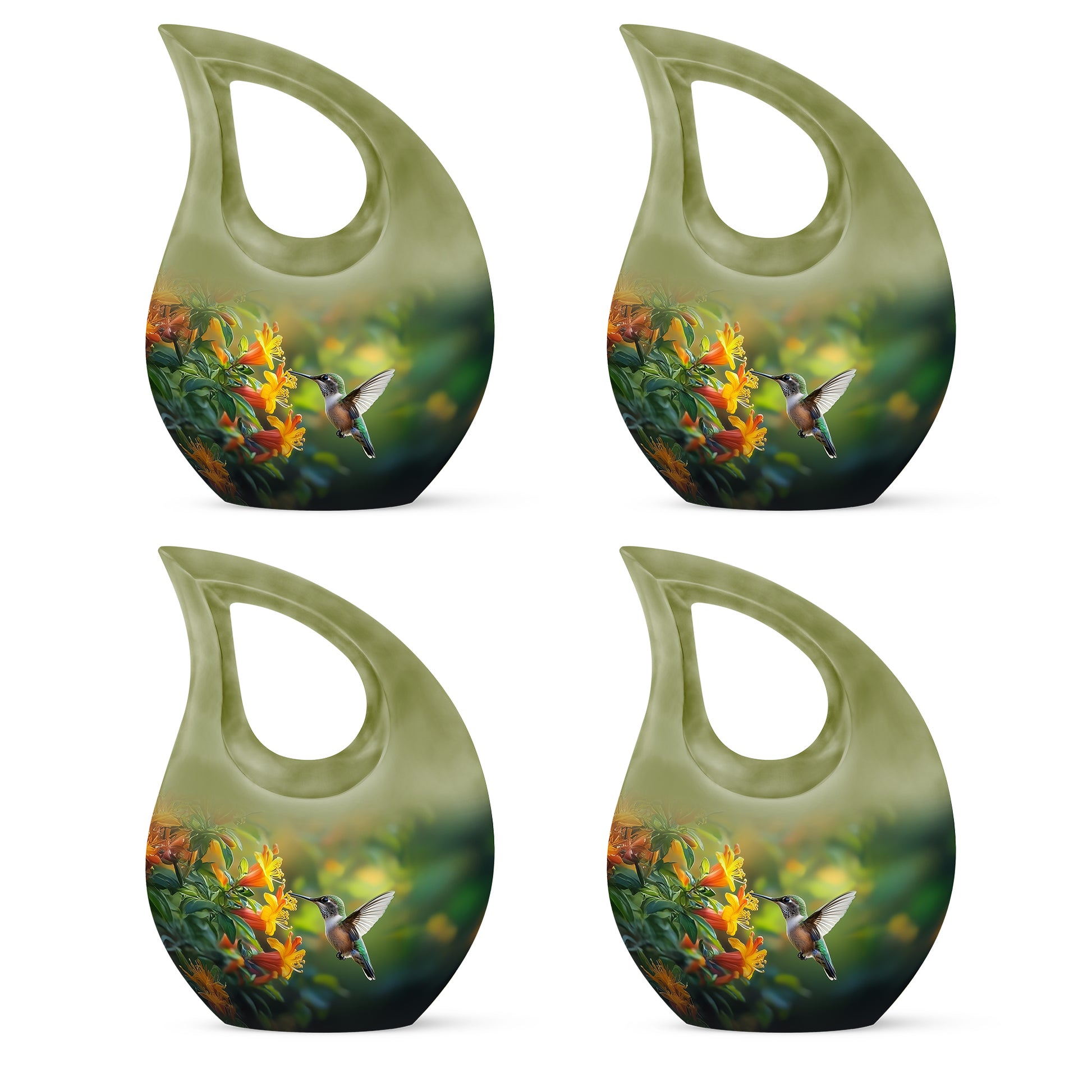 Forest Green Hummingbird Cremation Urn lifestyle display on memorial shelf - devotional cross-drop hummingbird engraving - 10 inch aluminum urn for cremated remains
