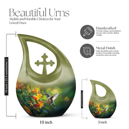 Moss Green Hummingbird Cremation Urn back view with polished surface - cross and hummingbird combined in spiritual memorial design - mini keepsake memorial for portion of cremation ashes