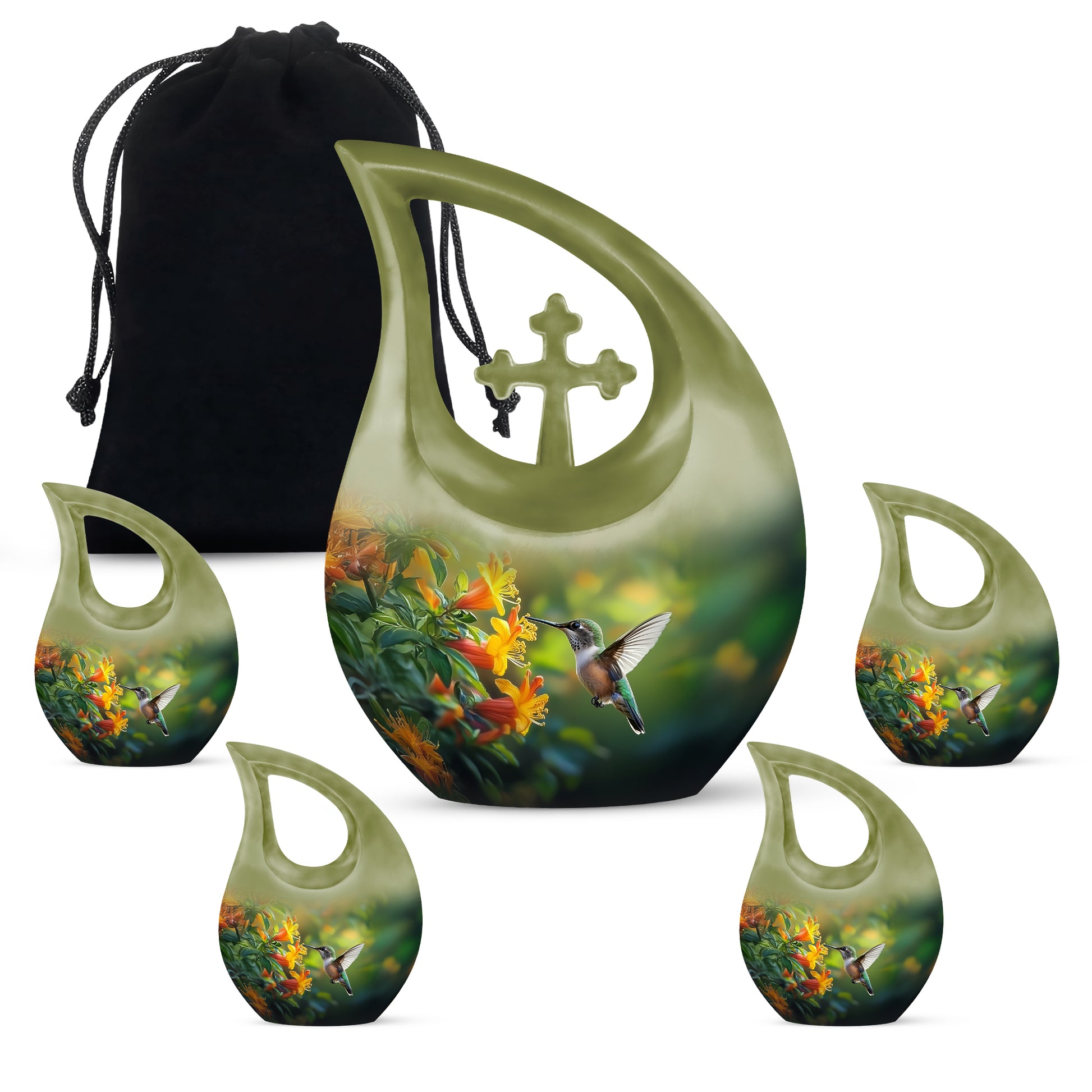 Olive Green Hummingbird Cremation Urn urn with complimentary velvet bag - devotional cross-drop hummingbird engraving - memorial set with one large and four small urns
