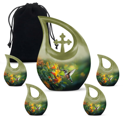 Olive Green Hummingbird Cremation Urn urn with complimentary velvet bag - devotional cross-drop hummingbird engraving - memorial set with one large and four small urns