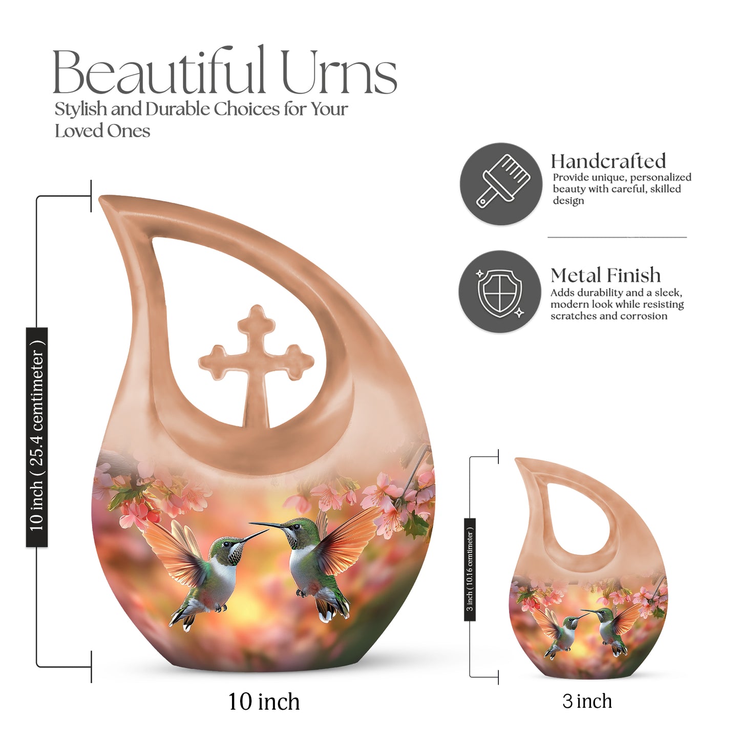 Burnished Gold Hummingbird Cremation Urn back view with polished surface - devotional cross-drop hummingbird engraving - mini keepsake memorial for portion of cremation ashes