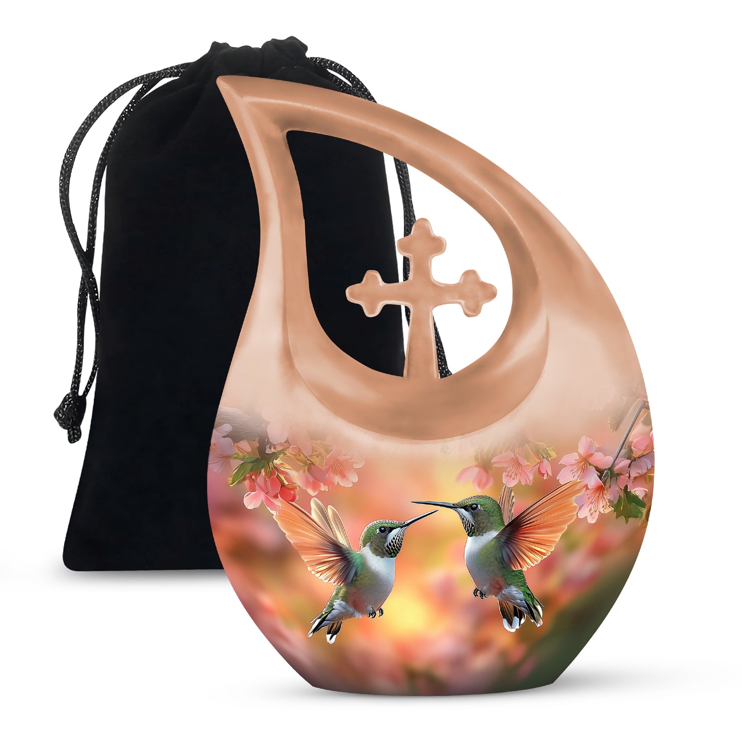 Burnished Gold Hummingbird Cremation Urn top-down view of secure threaded lid - devotional cross-drop hummingbird engraving - full-size 10 inch 200 cubic inch adult cremation urn