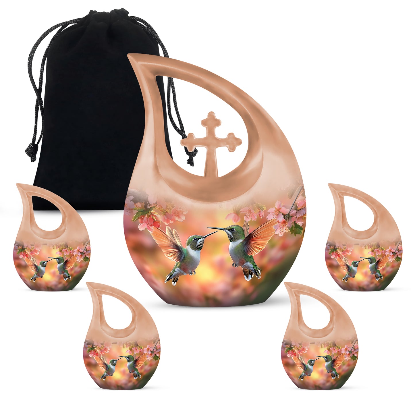 Harvest Gold Hummingbird Cremation Urn urn with complimentary velvet bag - devotional cross-drop hummingbird engraving - memorial set with one large and four small urns
