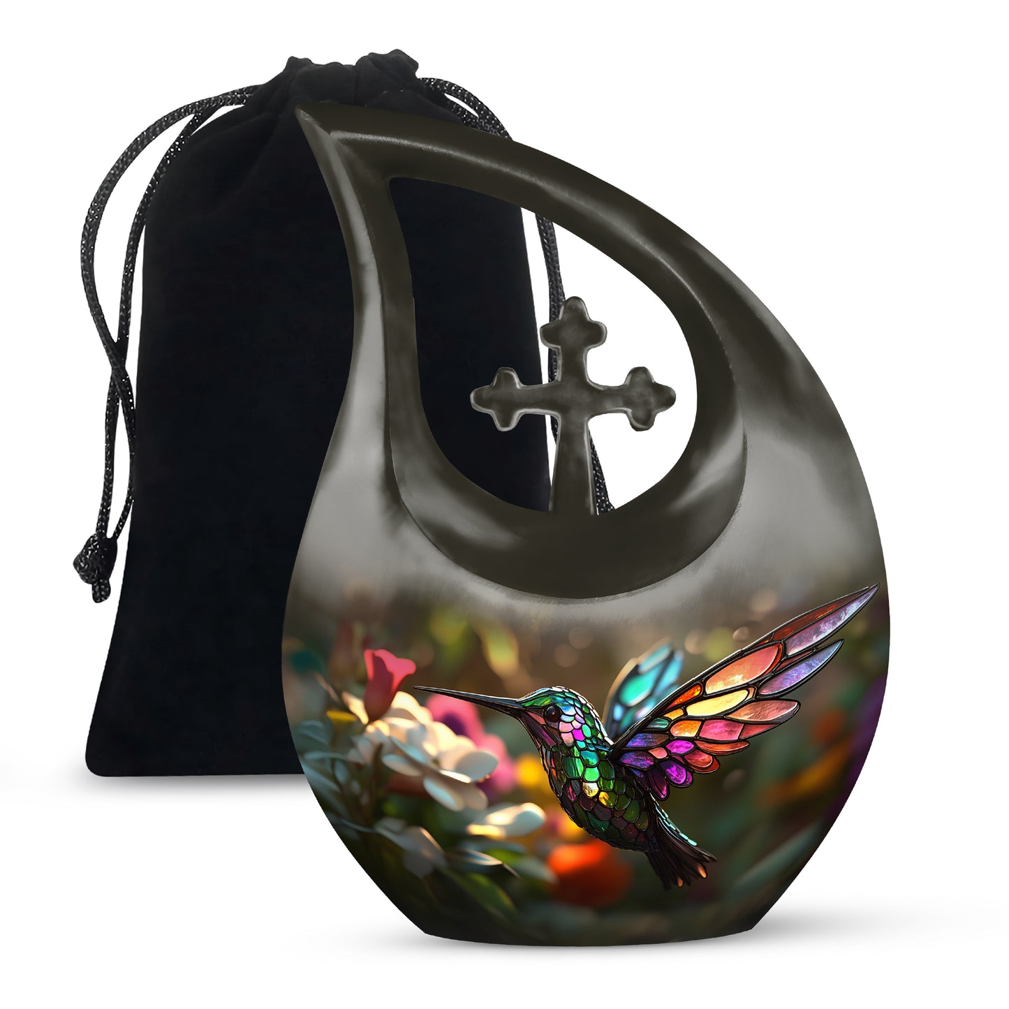 Gilded Gold Hummingbird Cremation Urn top-down view of secure threaded lid - cross and hummingbird combined in spiritual memorial design - full-size 10 inch 200 cubic inch adult cremation urn