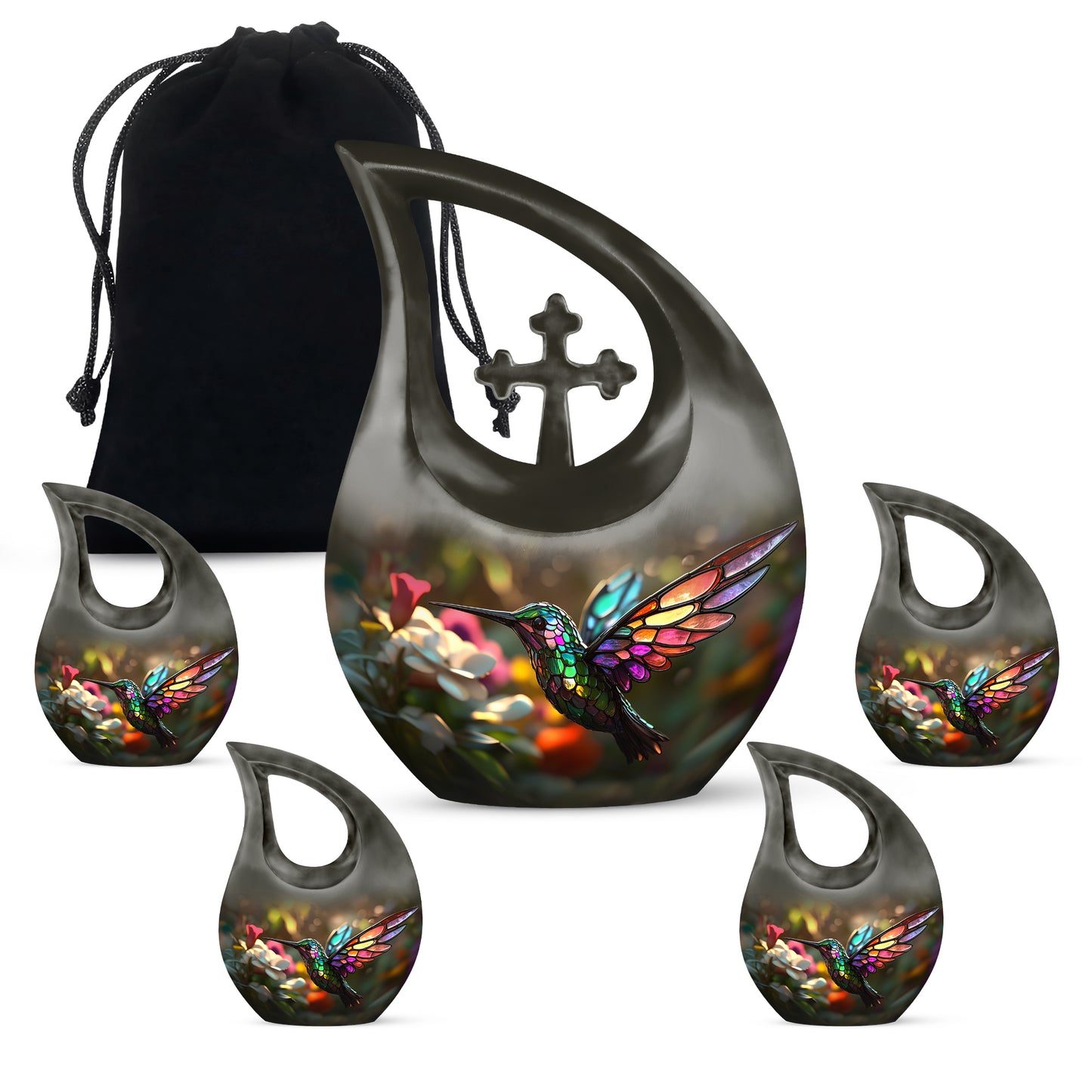 Amber Gold Hummingbird Cremation Urn urn with complimentary velvet bag - cross and hummingbird combined in spiritual memorial design - memorial set with one large and four small urns