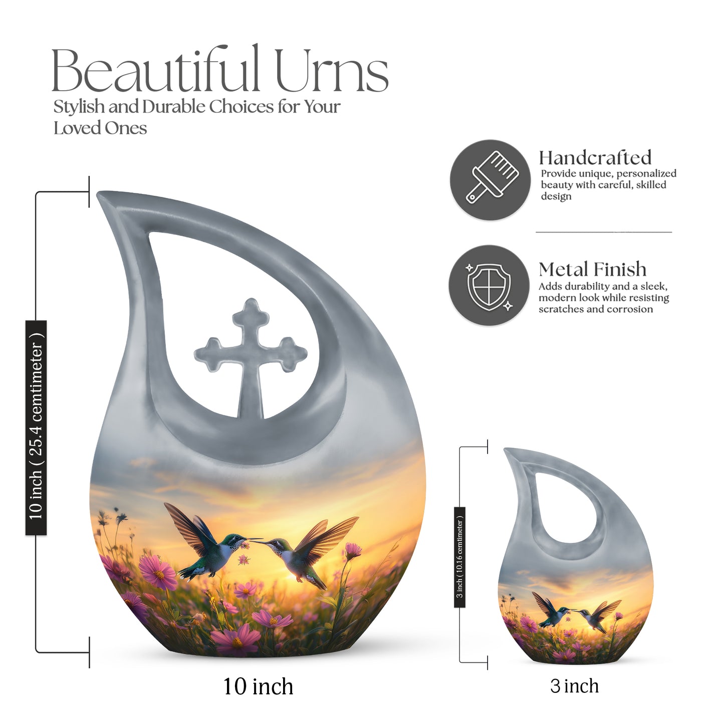 Serene Blue Hummingbird Cremation Urn back view with polished surface - faith-inspired cross-drop urn with hummingbird pattern - mini keepsake memorial for portion of cremation ashes
