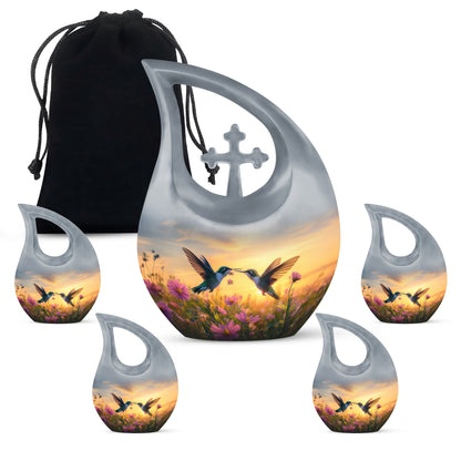 Pastel Blue Hummingbird Cremation Urn urn with complimentary velvet bag - sacred cross merged with hummingbird motif on metal - memorial set with one large and four small urns