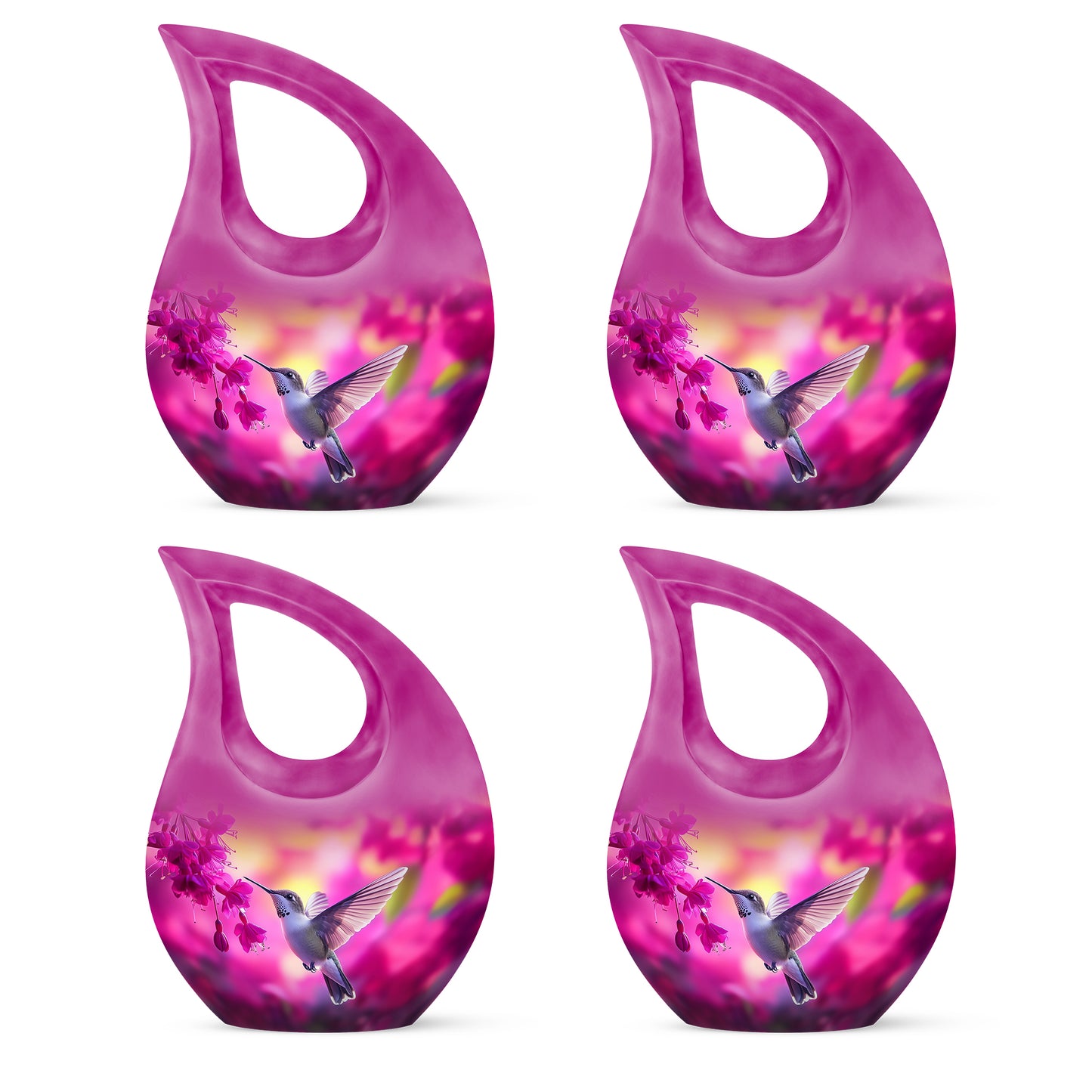 Pastel Pink Hummingbird Cremation Urn lifestyle display on memorial shelf - cross and hummingbird combined in spiritual memorial design - 10 inch aluminum urn for cremated remains