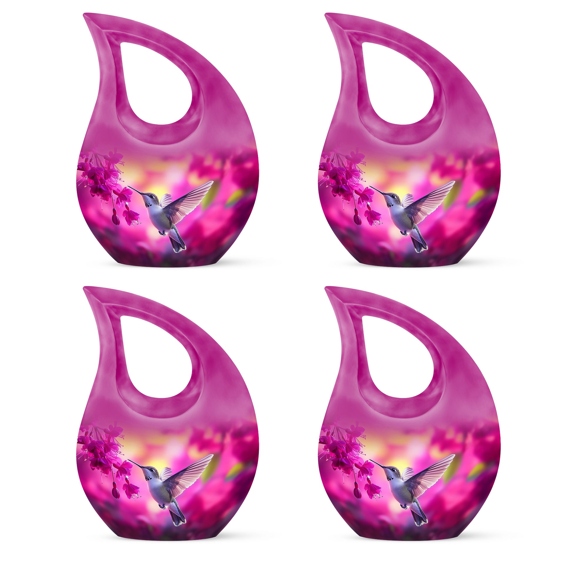 Pastel Pink Hummingbird Cremation Urn lifestyle display on memorial shelf - cross and hummingbird combined in spiritual memorial design - 10 inch aluminum urn for cremated remains