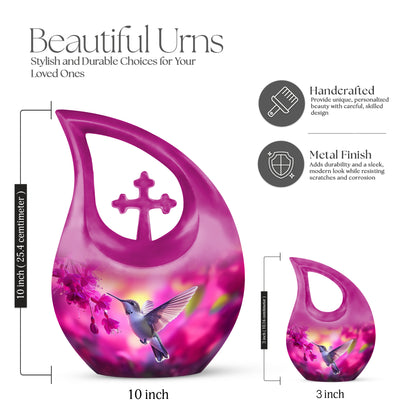 Coral Pink Hummingbird Cremation Urn back view with polished surface - cross and hummingbird combined in spiritual memorial design - mini keepsake memorial for portion of cremation ashes