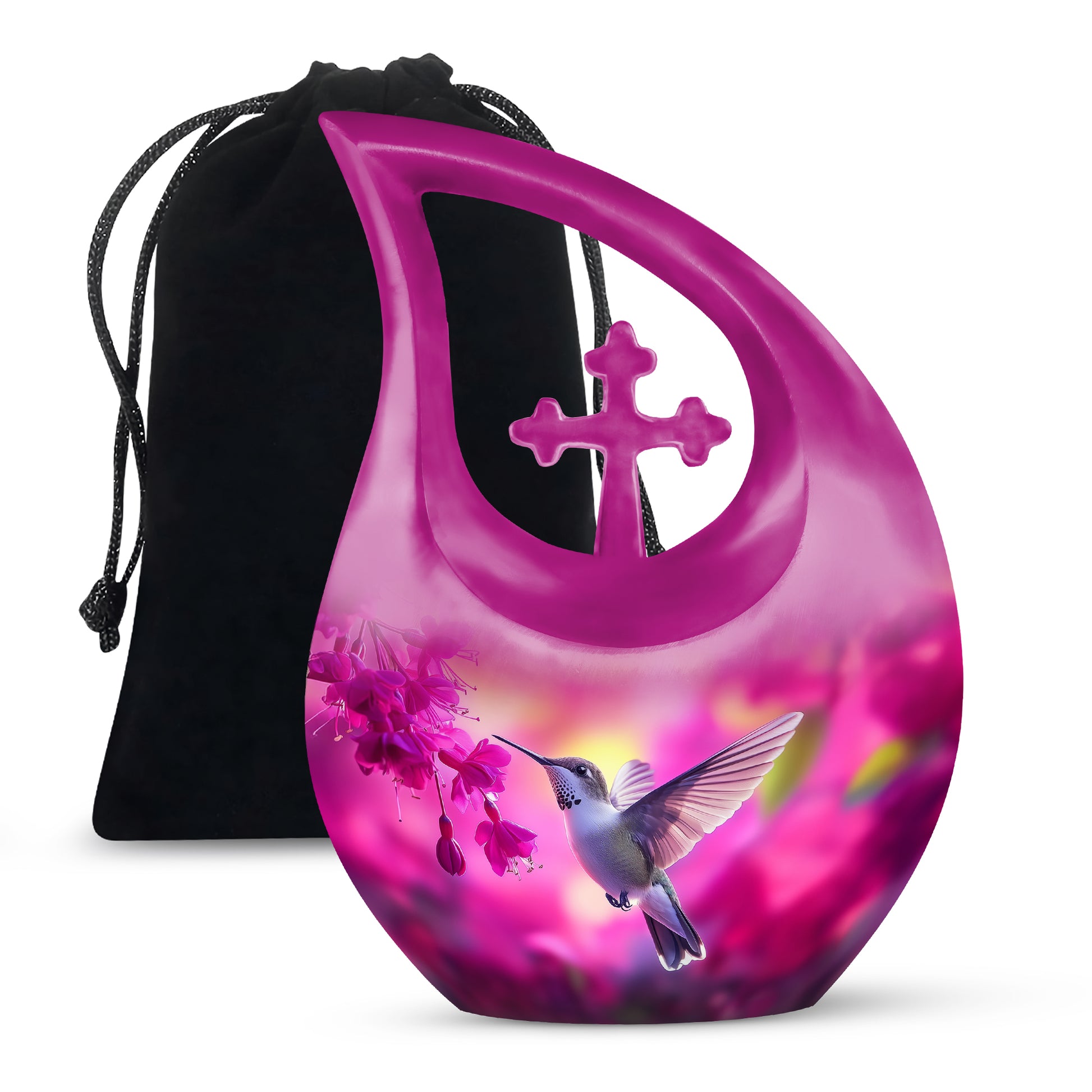 Salmon Pink Hummingbird Cremation Urn top-down view of secure threaded lid - devotional cross-drop hummingbird engraving - full-size 10 inch 200 cubic inch adult cremation urn
