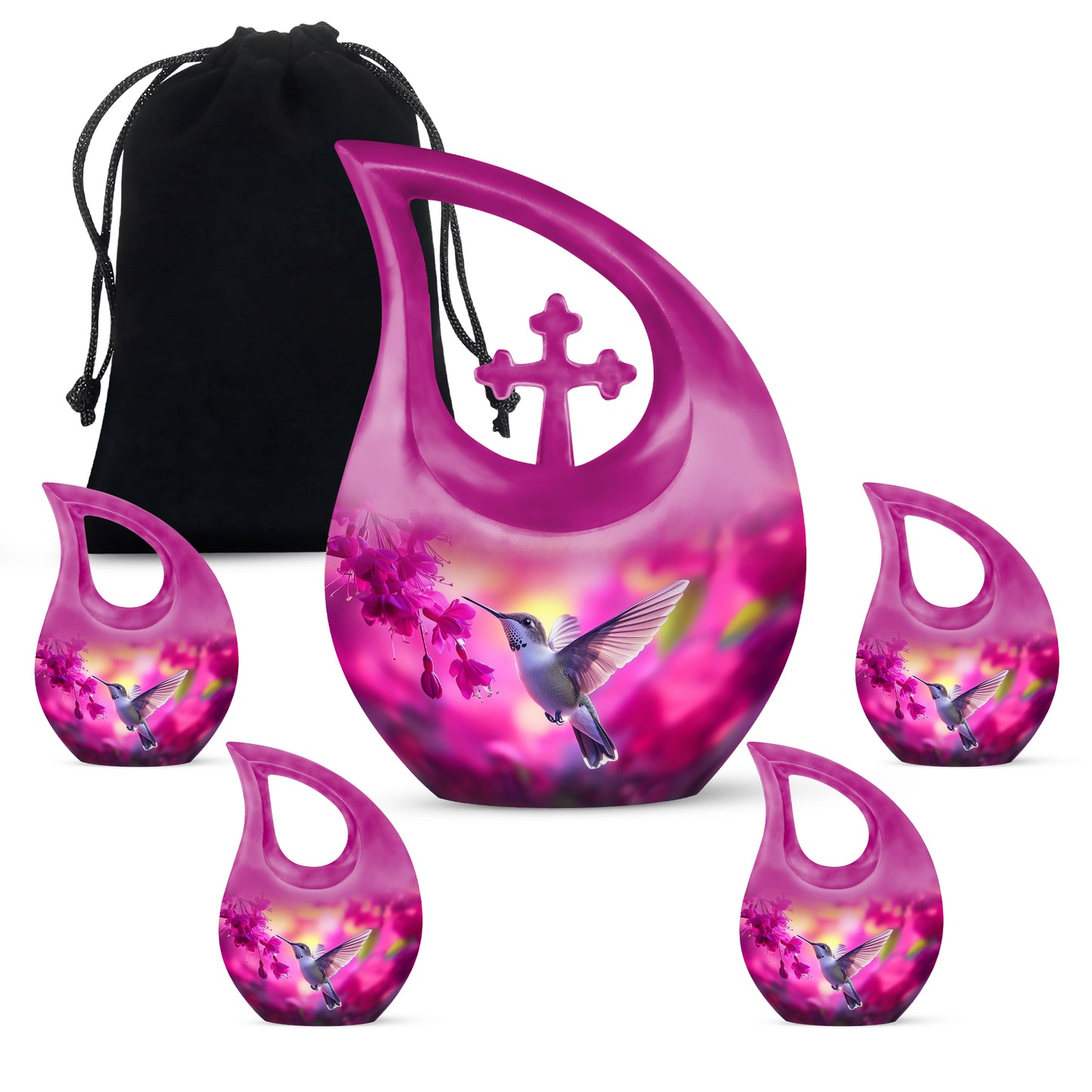 Rose Pink Hummingbird Cremation Urn urn with complimentary velvet bag - sacred cross merged with hummingbird motif on metal - memorial set with one large and four small urns