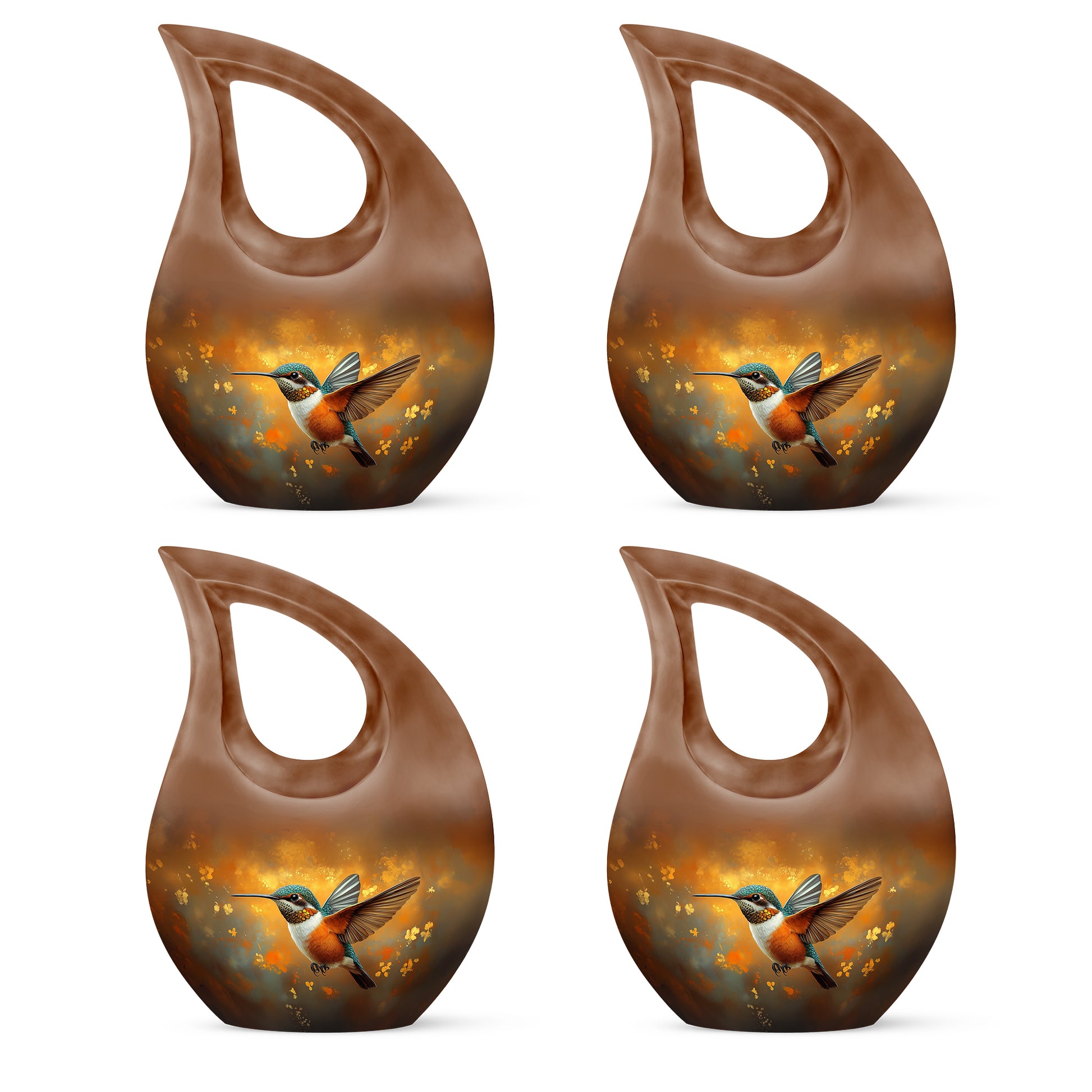 Royal Gold Hummingbird Cremation Urn lifestyle display on memorial shelf - faith-inspired cross-drop urn with hummingbird pattern - 10 inch aluminum urn for cremated remains